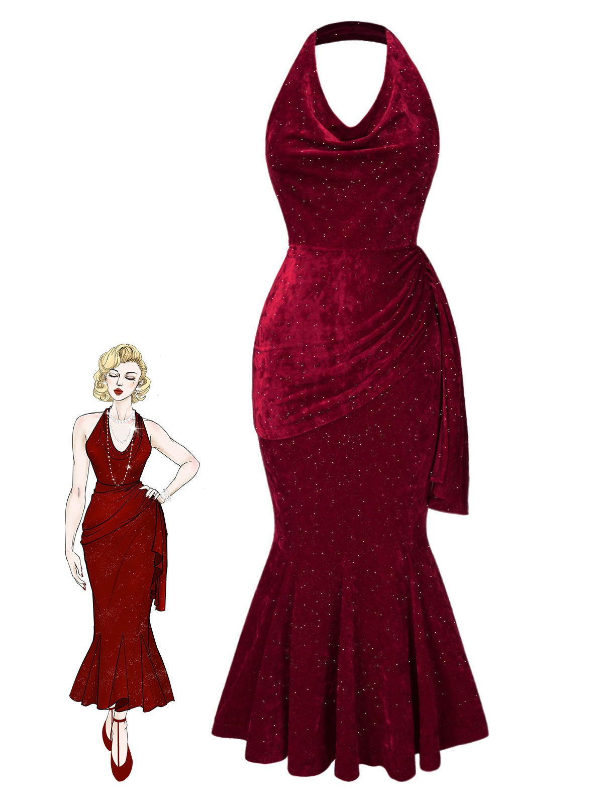 [Pre-Sale] Deep Red 1930s Glitter Cowl Neck Mermaid Dress