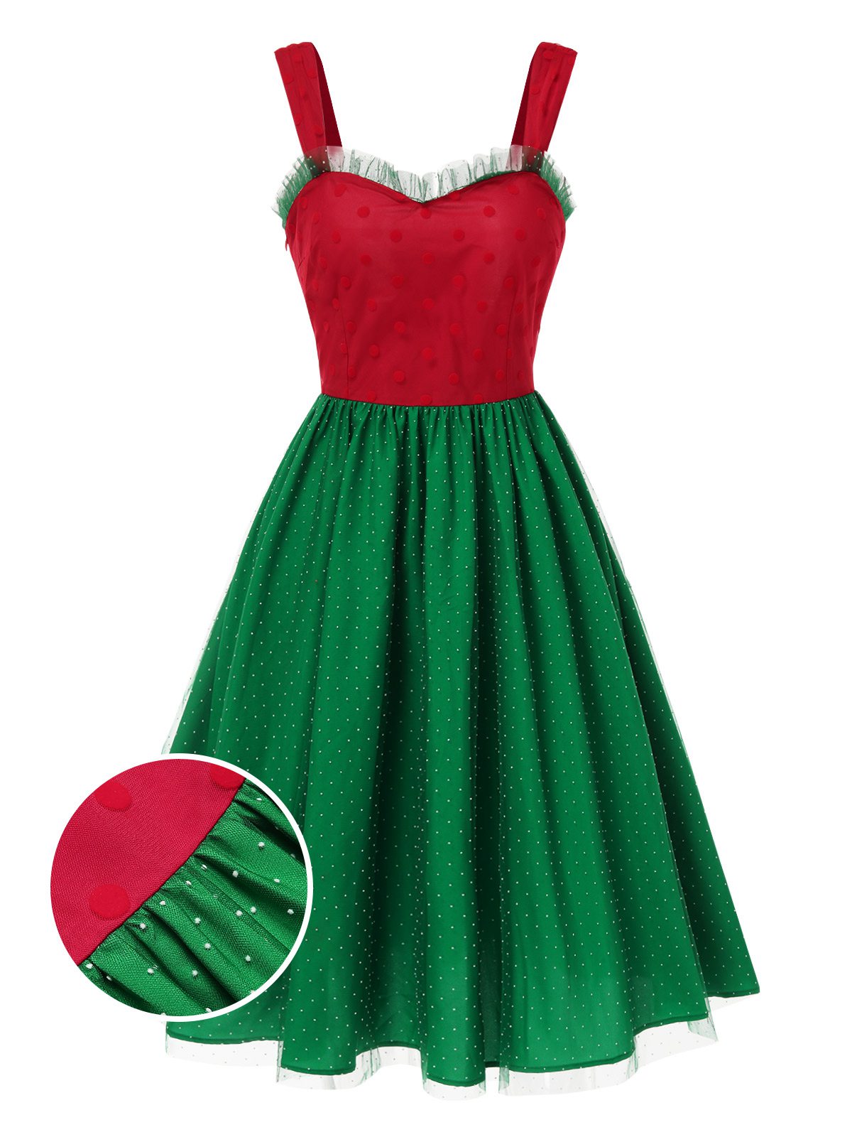 [Pre-Sale] Red & Green 1950s Christmas Polka Dots Dress - Red & Green / S / 2