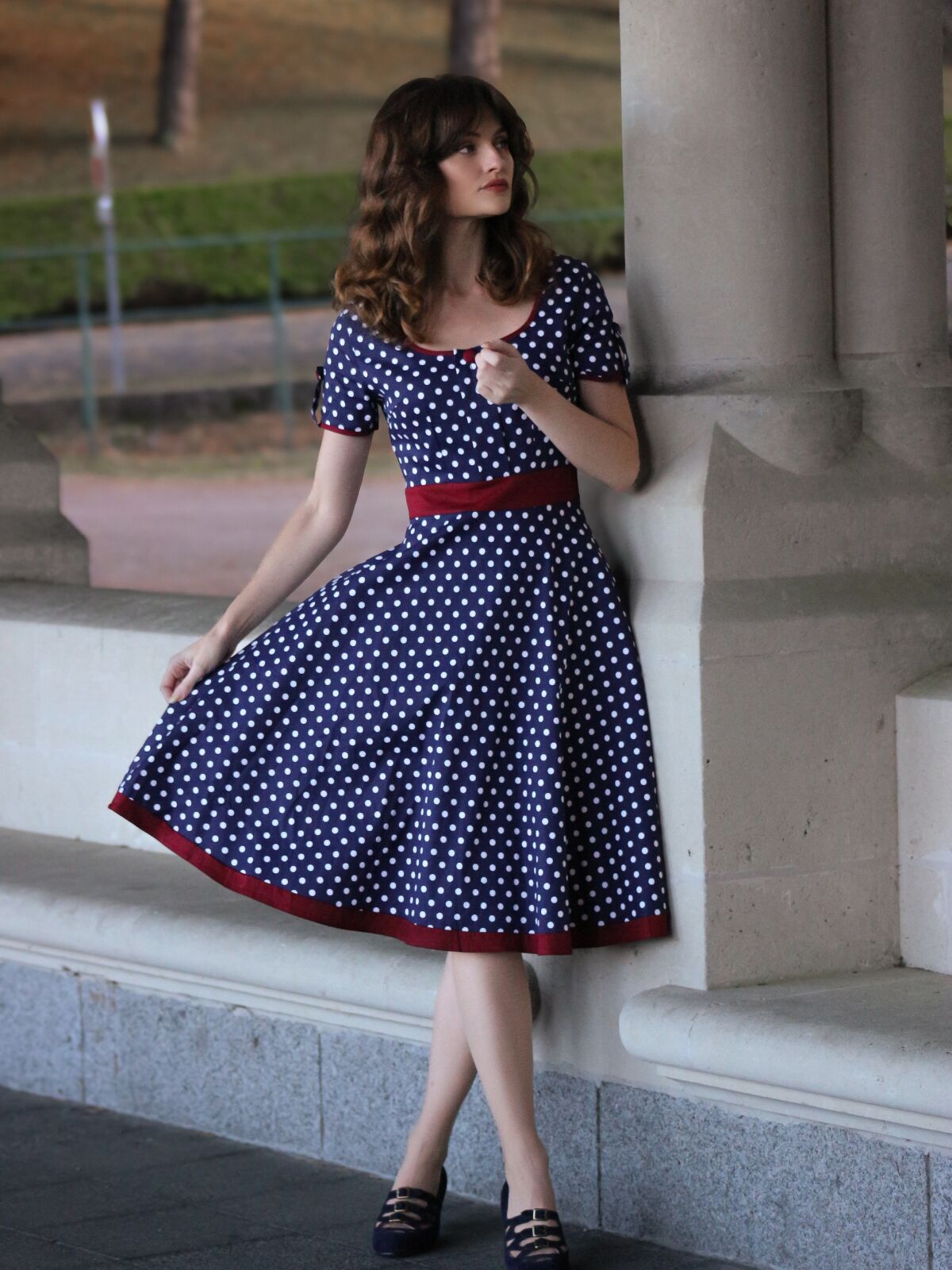 1950s Contrast Polka Dots Buttoned Dress