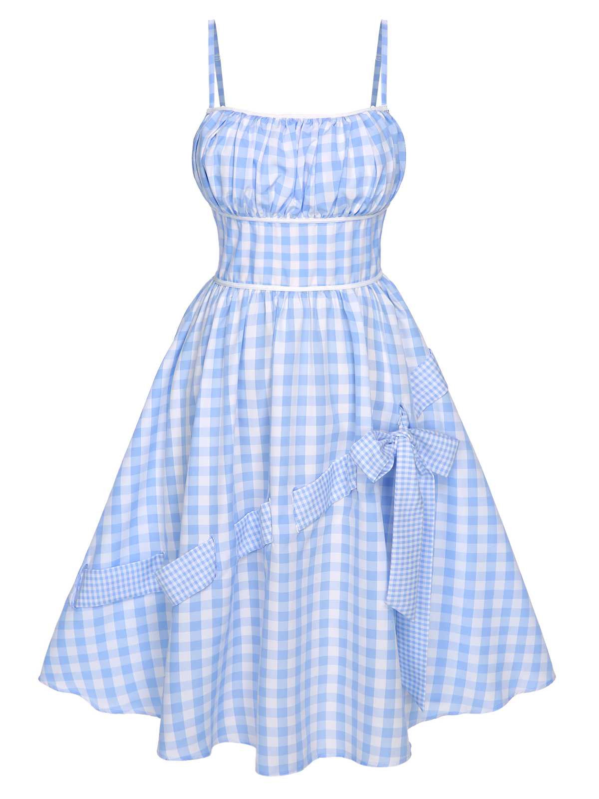 Blue 1950s Spaghetti Strap Plaids Bow Decor Dress - Blue / S / 2