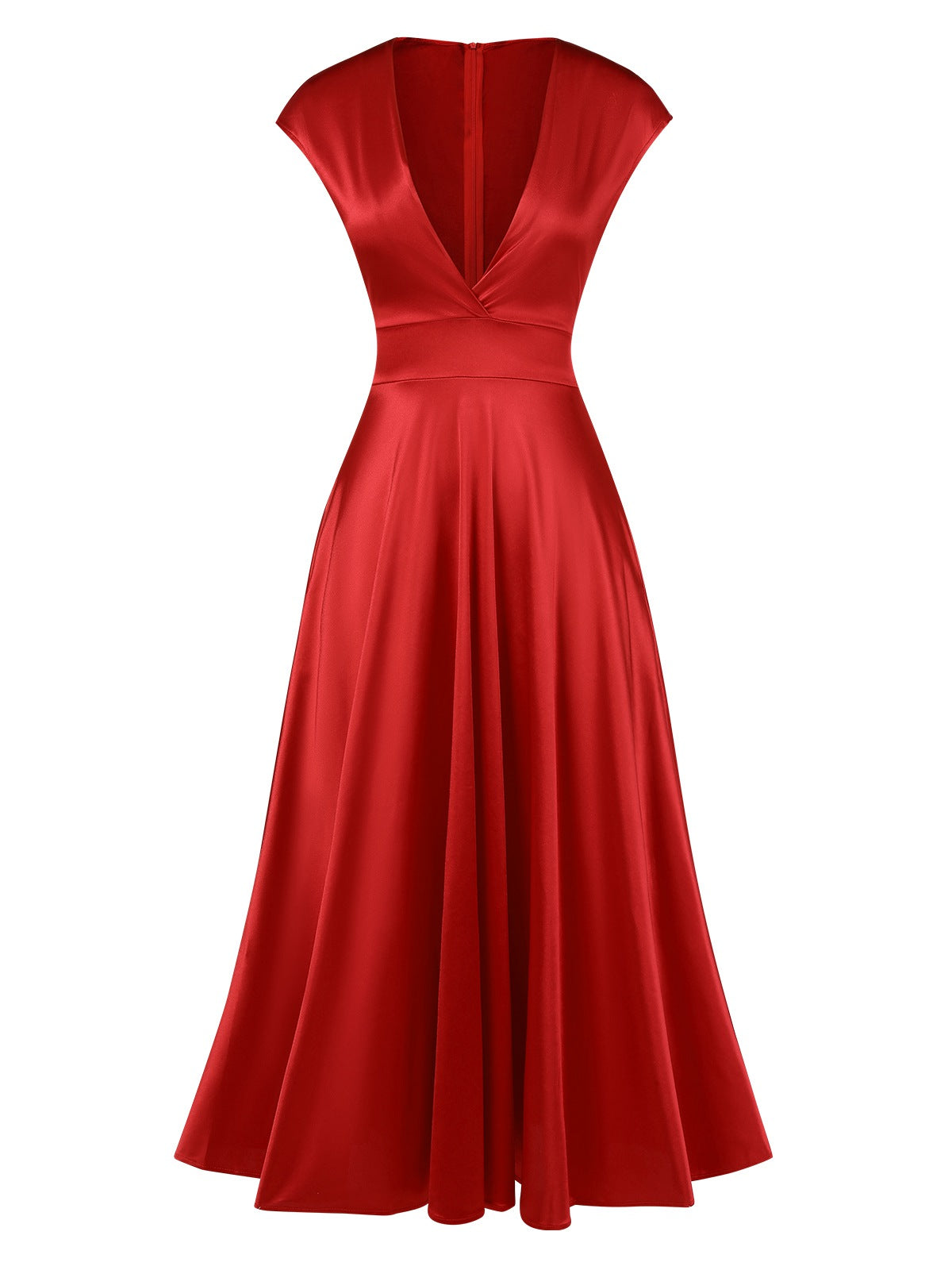 1950s Solid Deep V-Neck Satin Dress - Red / S