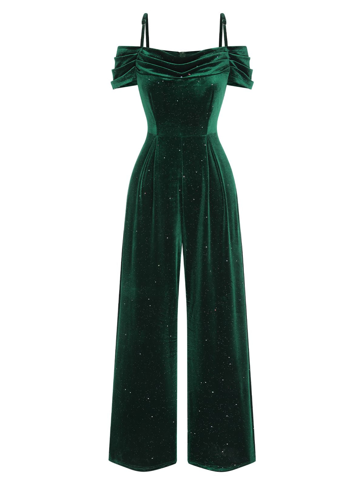 [Pre-Sale] Green 1960s Cold-Shoulder Velvet Jumpsuit - Green / S / 2