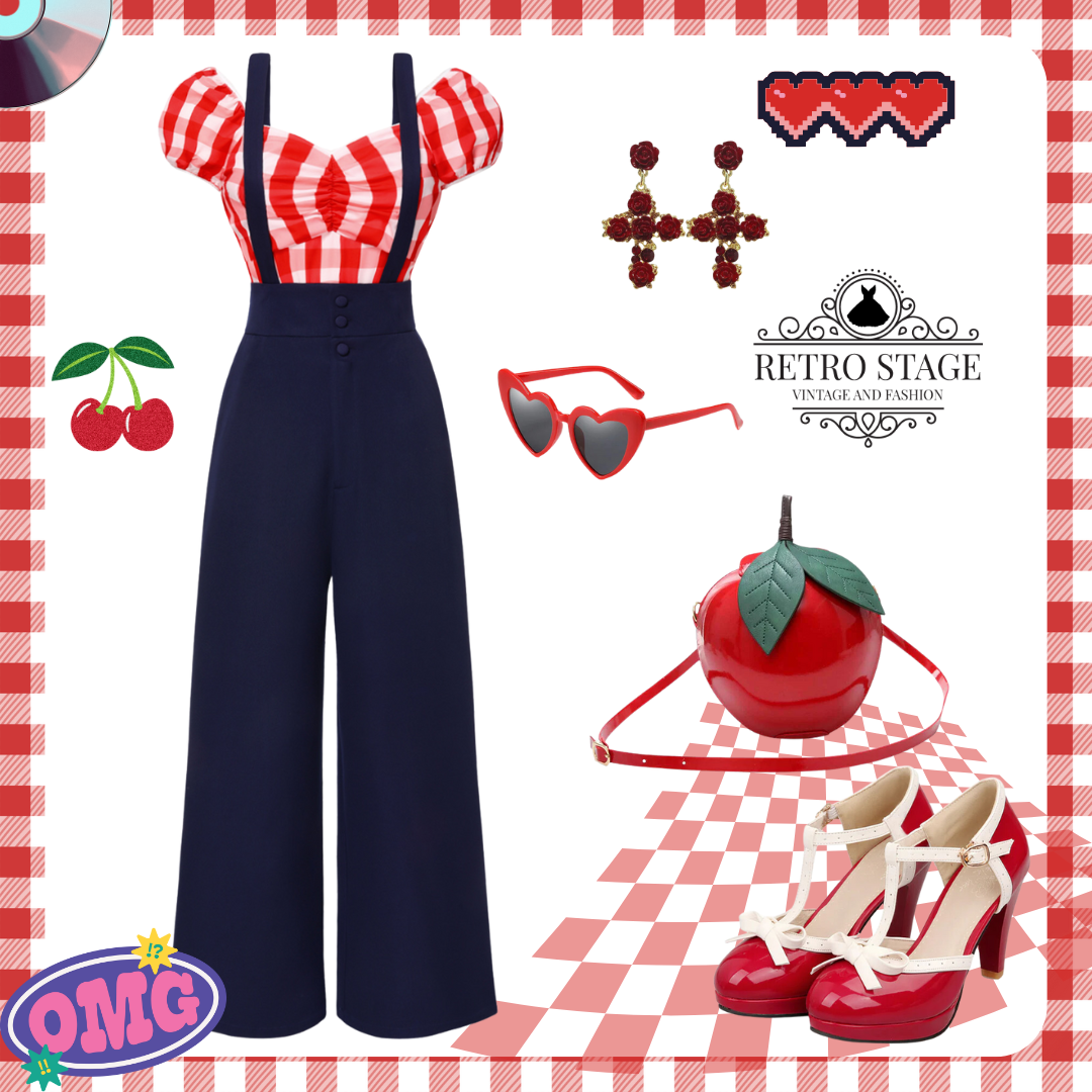 [Pre-Sale] 2PCS Red 1950s Puff Plaid Top & Blue Suspender Pants - Red & Blue / S / 2