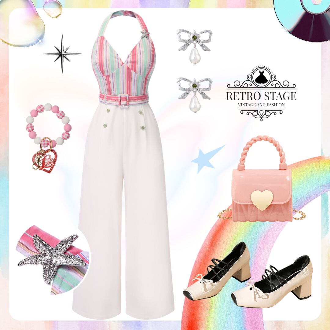 [Pre-Sale] 1950s Halter Starfish Colorful Stripes Belted Jumpsuit - Multicolor / S / 2