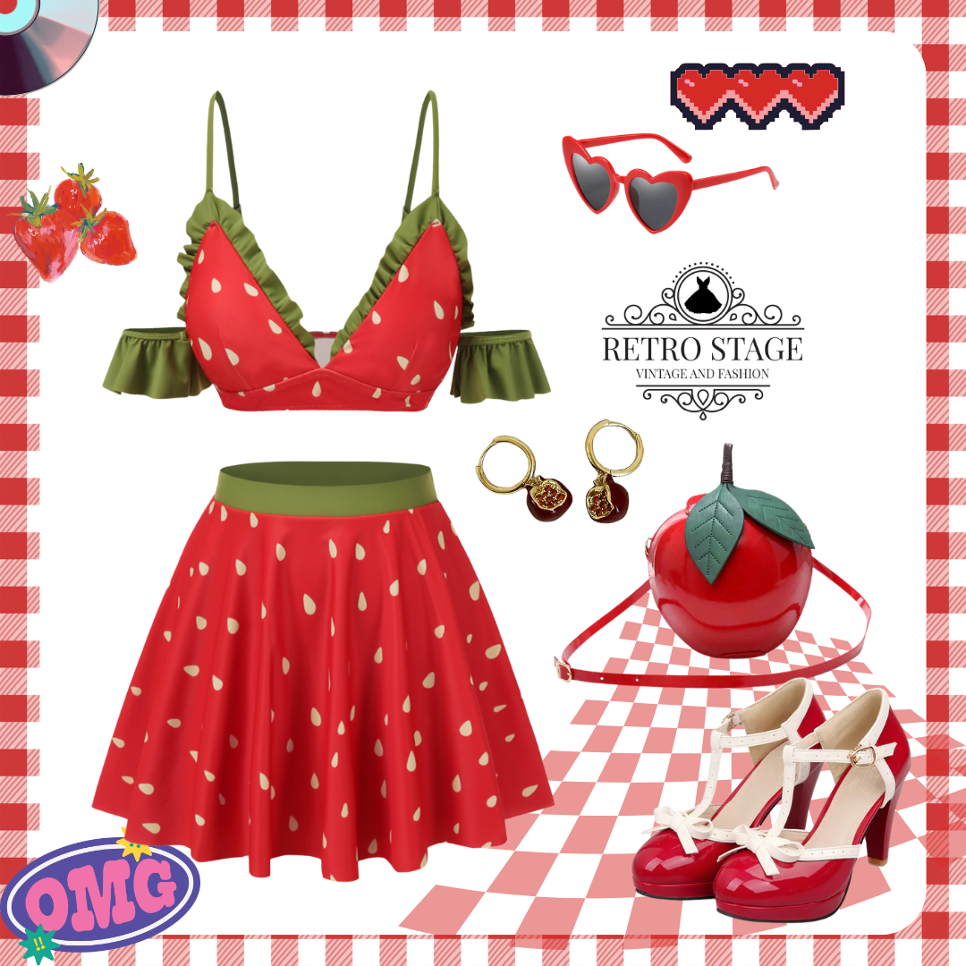 [Pre-Sale] Red 1950s Spaghetti Strap Ruffles Strawberry Swimsuit - Red / S / 2
