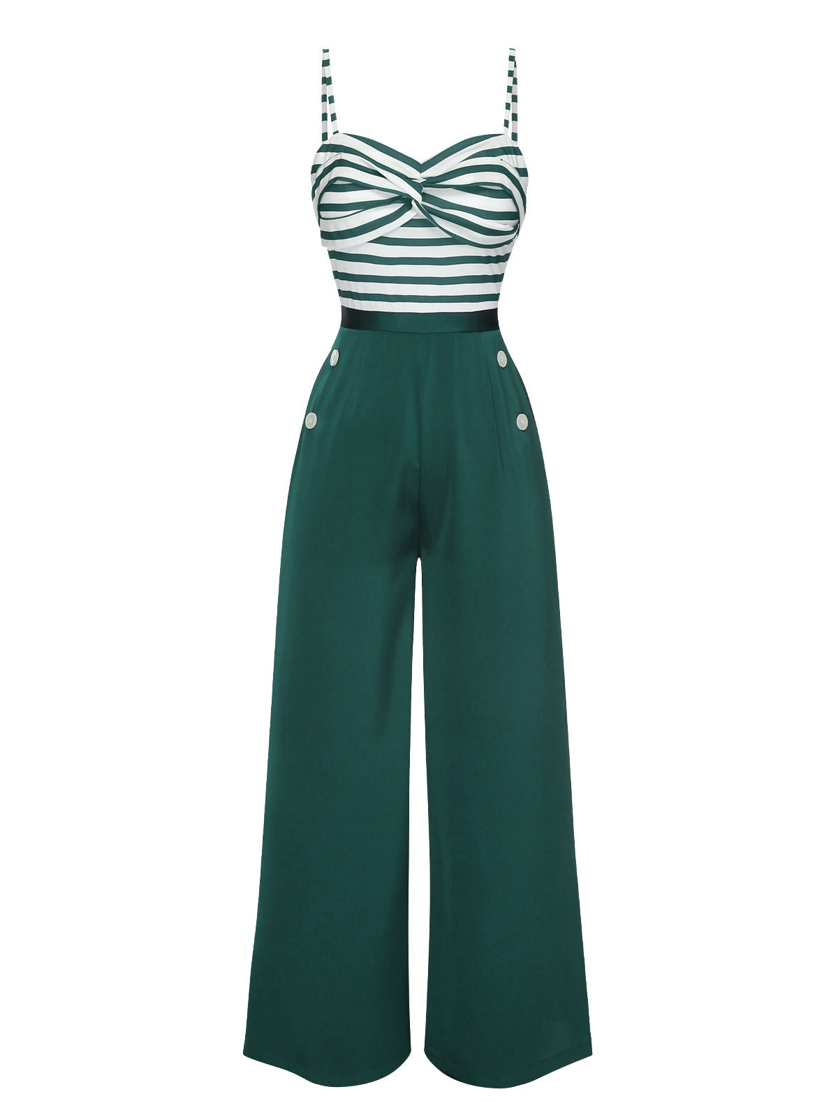 [Pre-Sale] Green 1930s Spaghetti Strap Stripes Jumpsuit - Green / S / 2