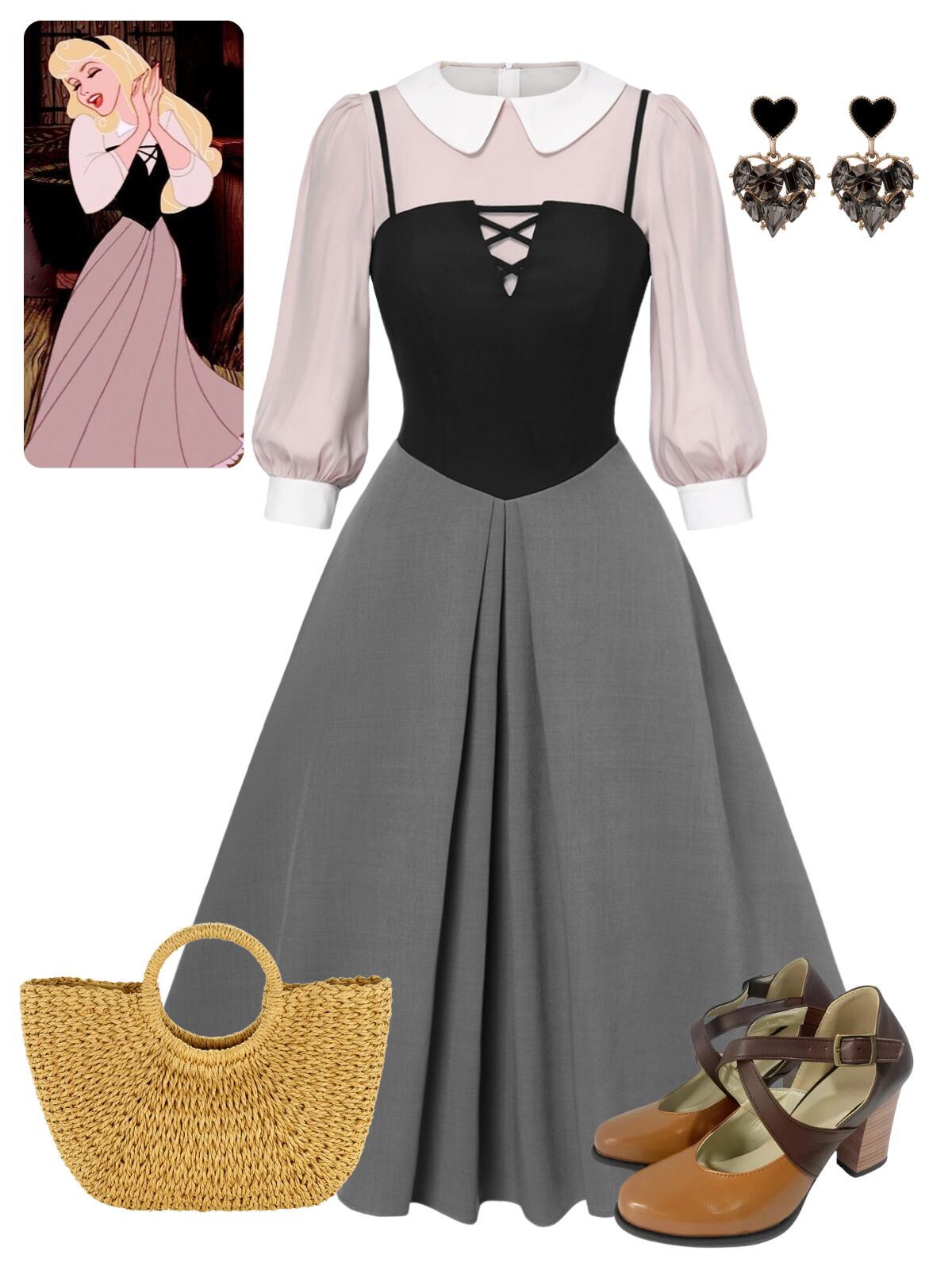 [Pre-Sale] 2PCS 1940s Colorblock Pink Blouse & Gray Dress - Dark Gray / S / 2