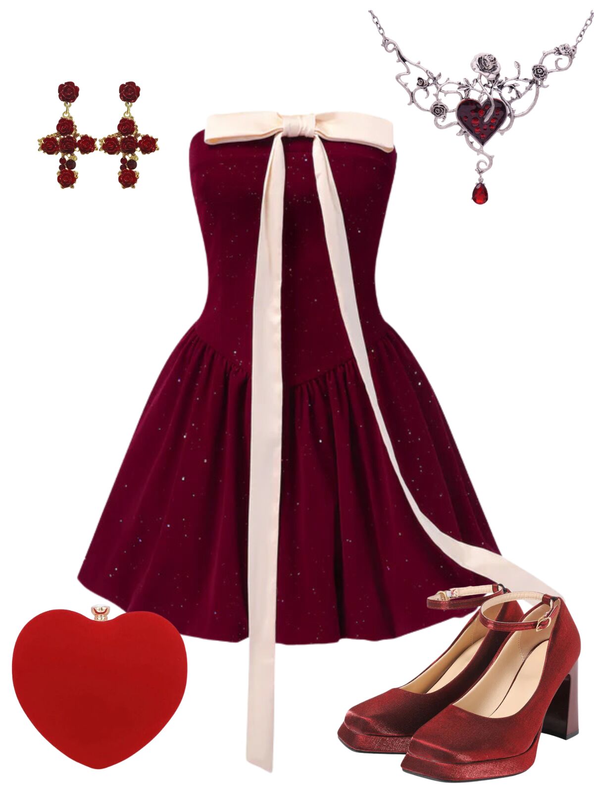 Wine Red 1980s Bow Glitter Tube Top Dress - Wine Red / S