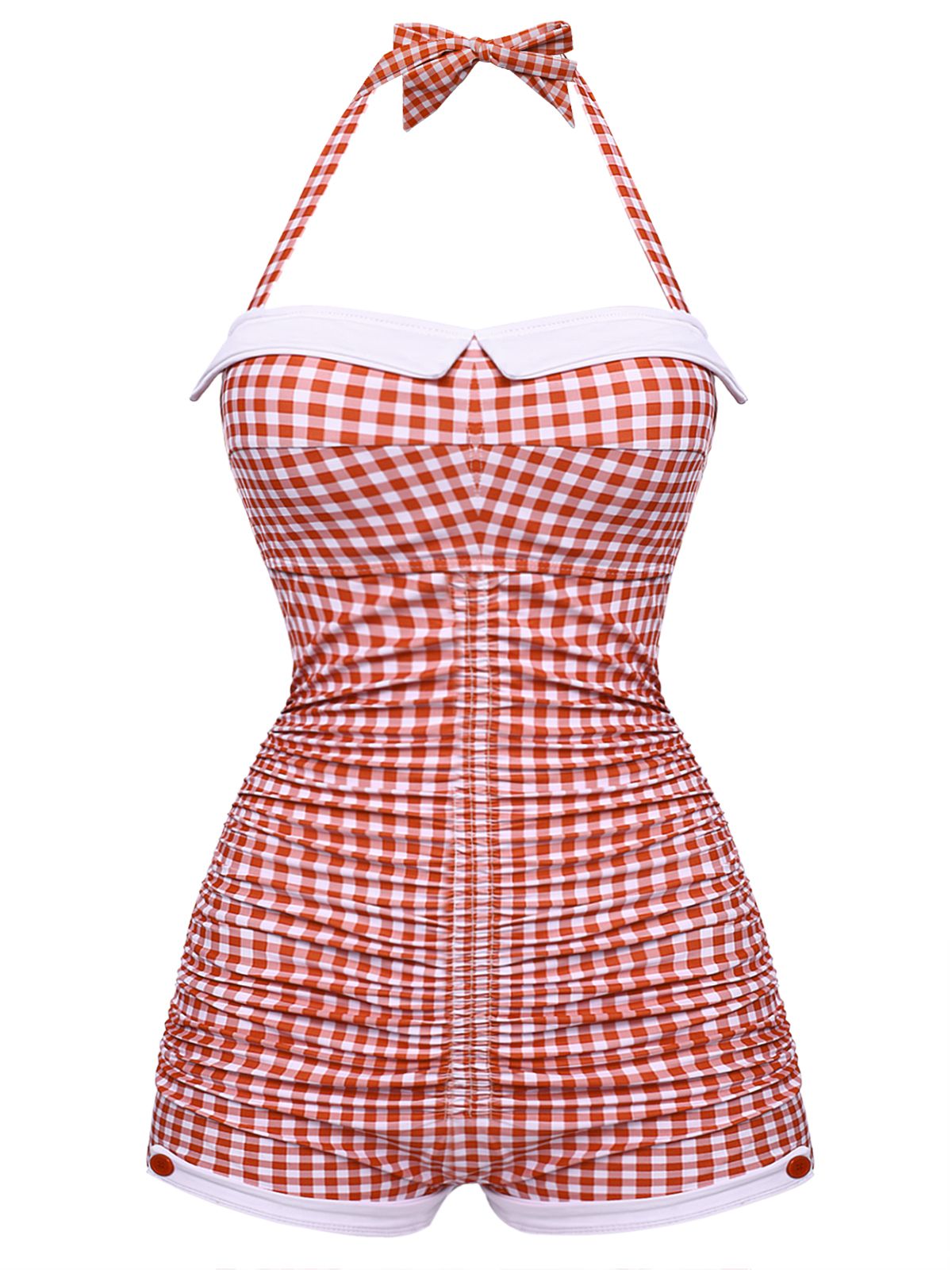 [Plus Size] Gingham 1950s Halter Bowknot One-piece Swimsuit - Red / 1X / 16W