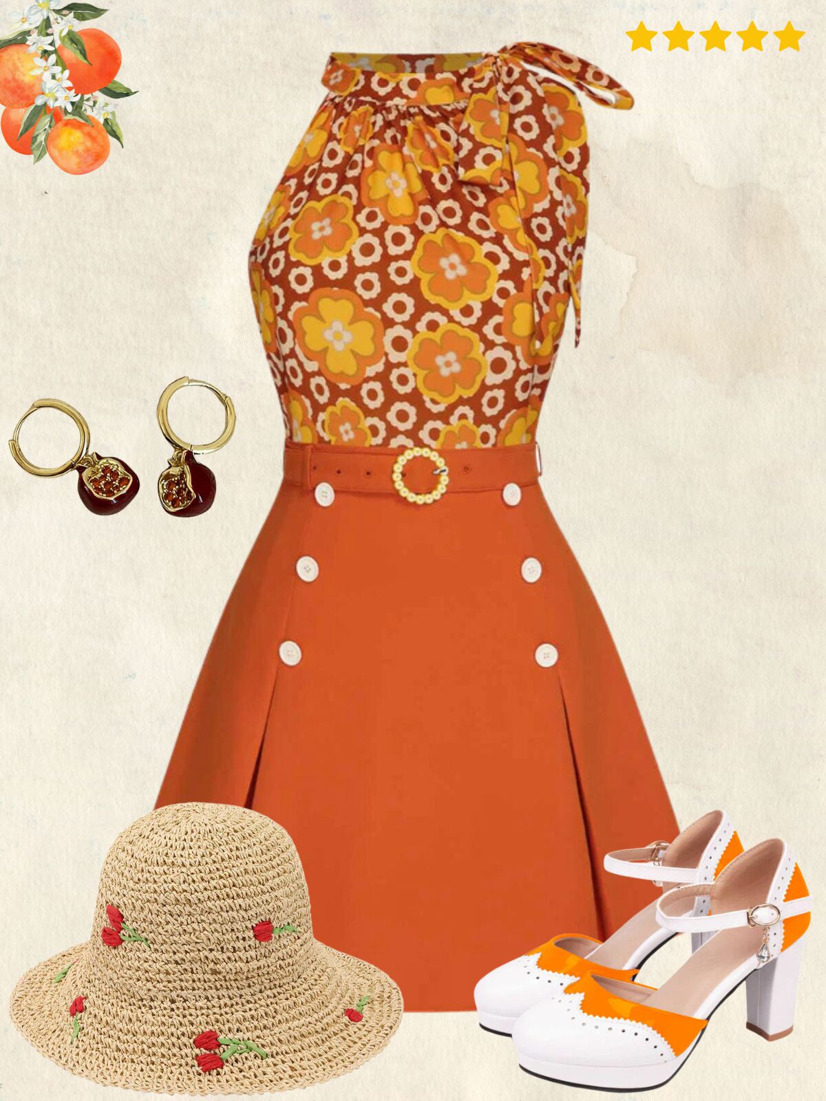 2PCS 1960s Tie Neck Floral Top & Button Solid Skirt - Orange / S / 2