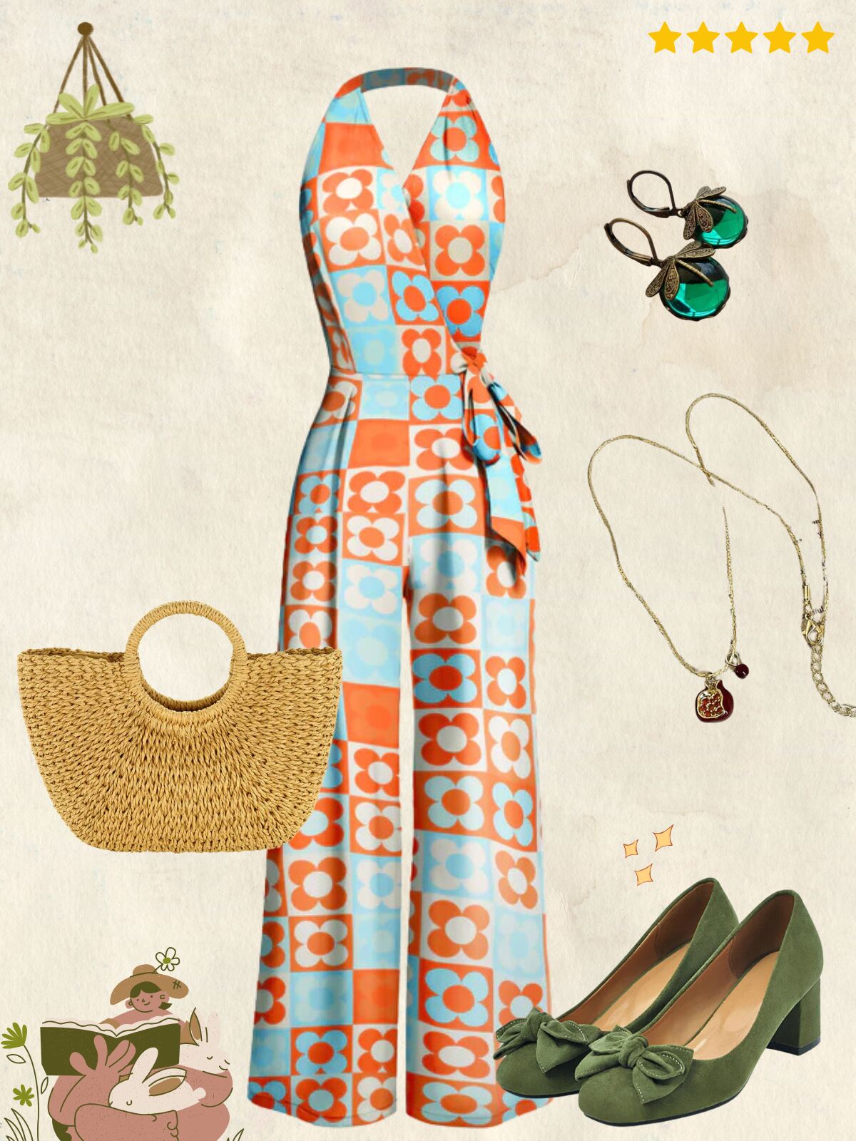 1960s Halter Colorblock Floral Sleeveless Jumpsuit - Multicolor / S / 2