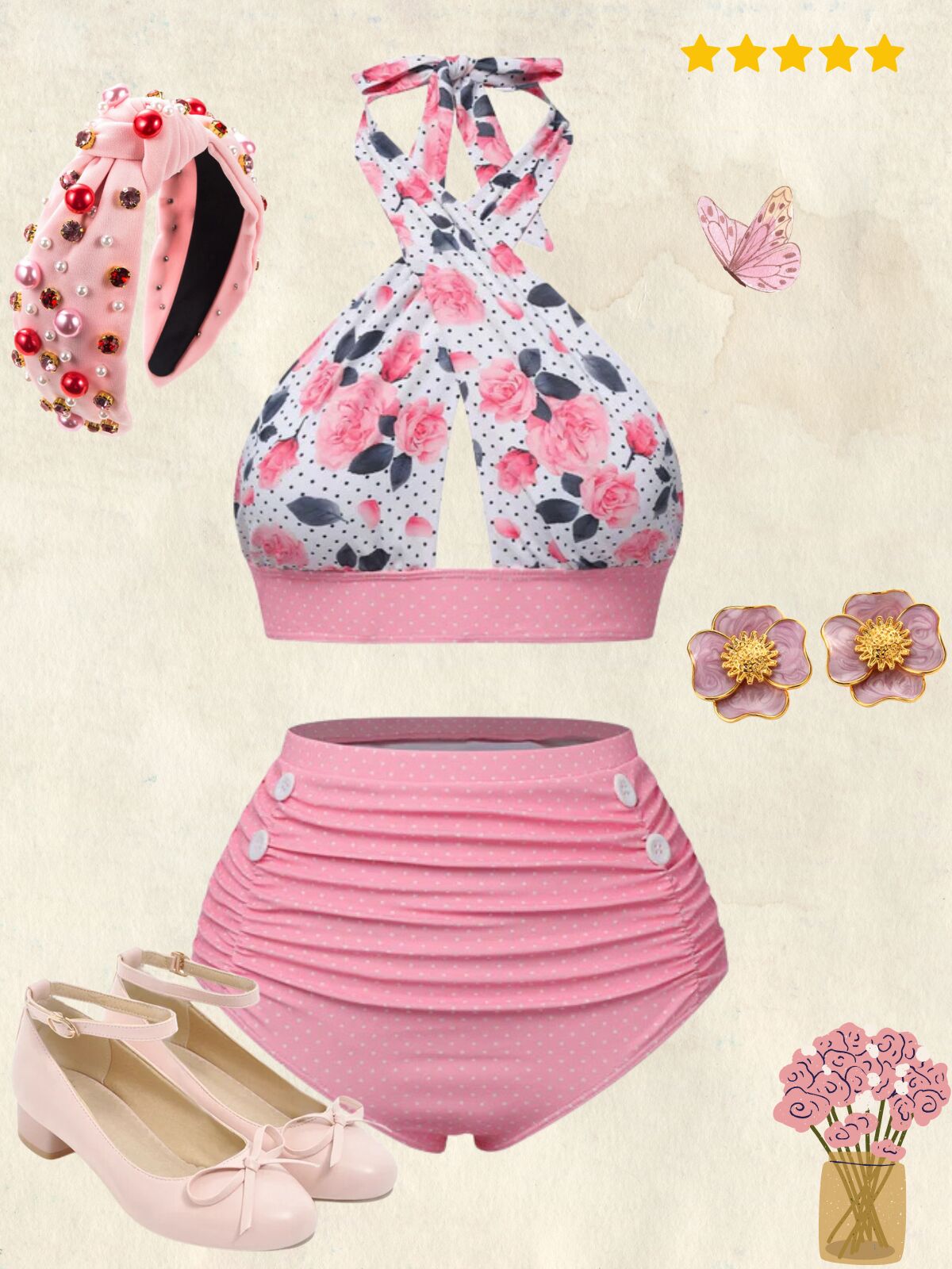 Pink 1940s Floral Cross Halter Swimsuit - Pink / S / 2