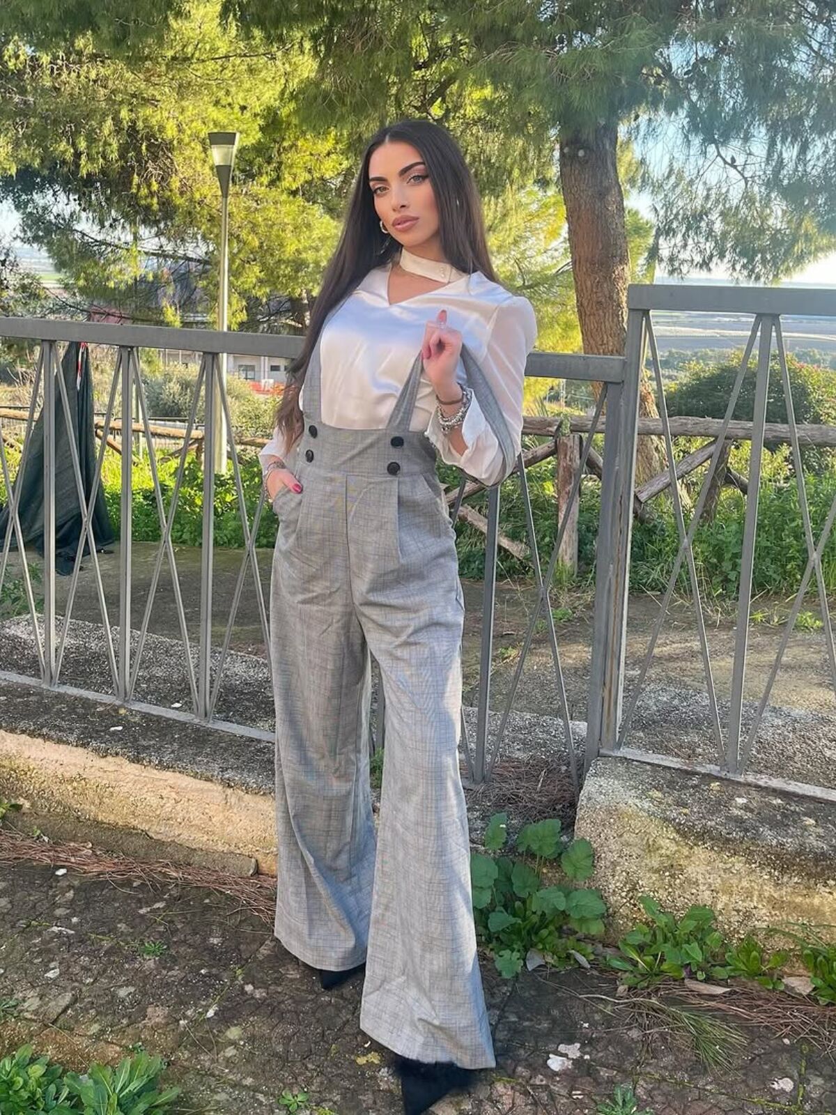 2PCS 1940s Satin Puff Sleeve Blouse & Glen Plaid Overall Pants - White & Gray / S / 2