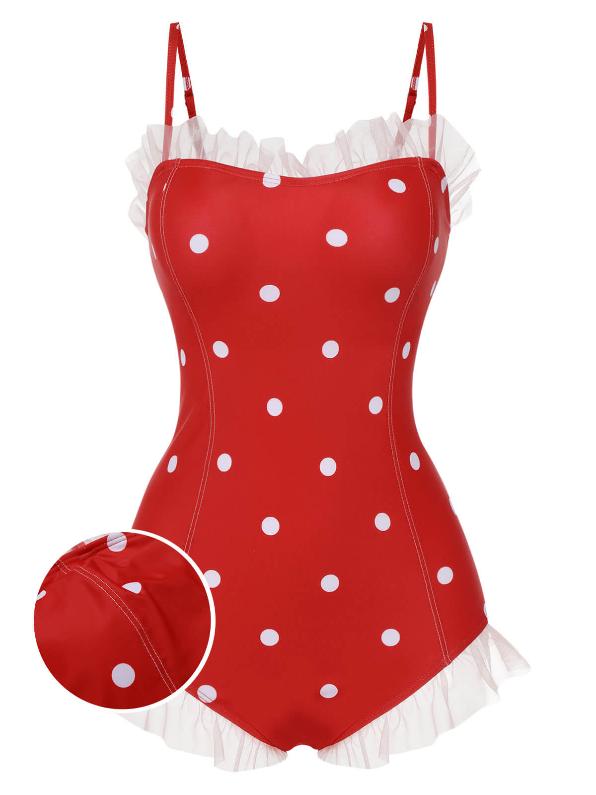 Red 1950s Mesh Polka Dot Swimsuit - Red / S / 2