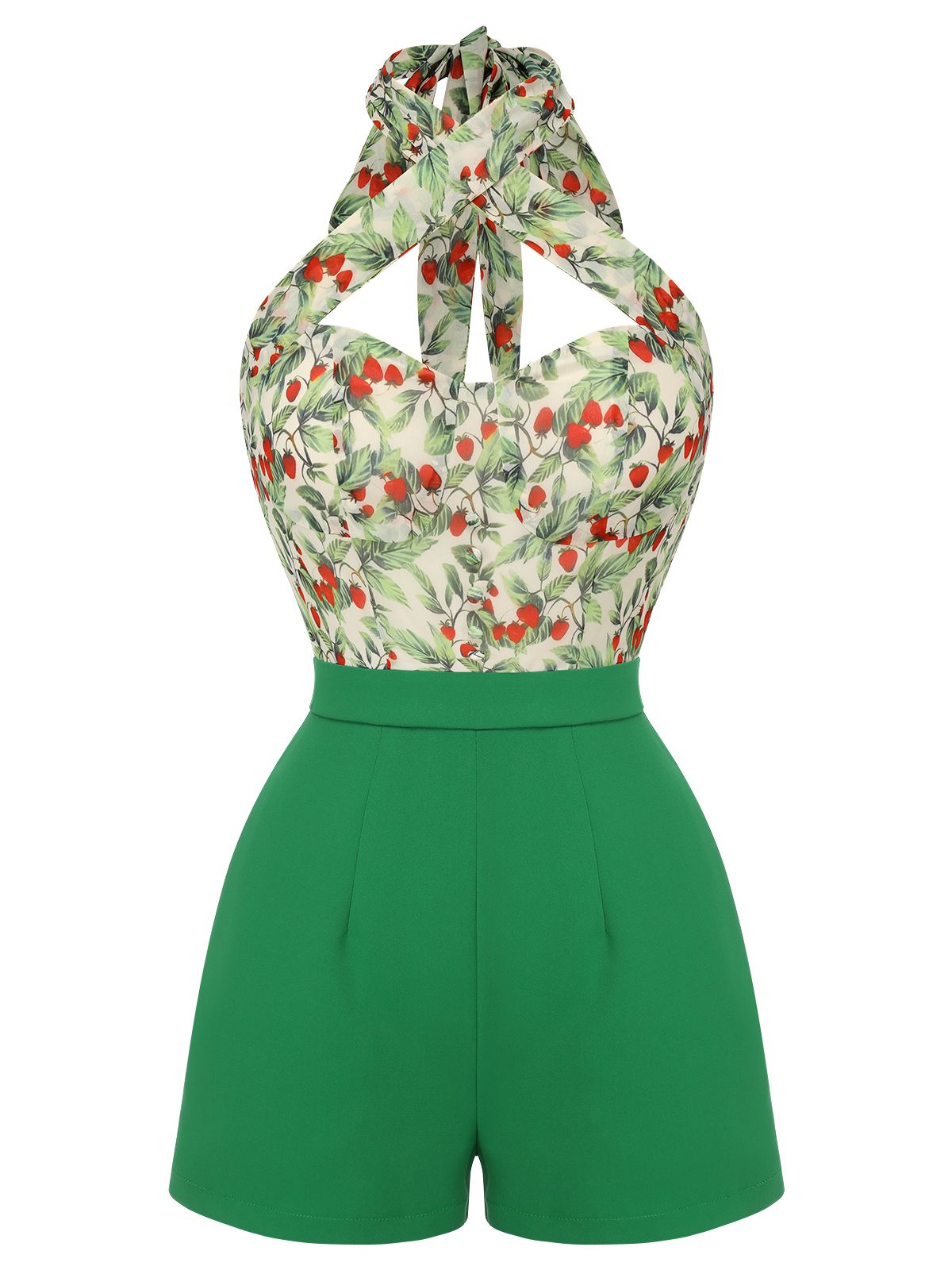 Green 1950s Strawberry Halter Romper - Green / S / 2