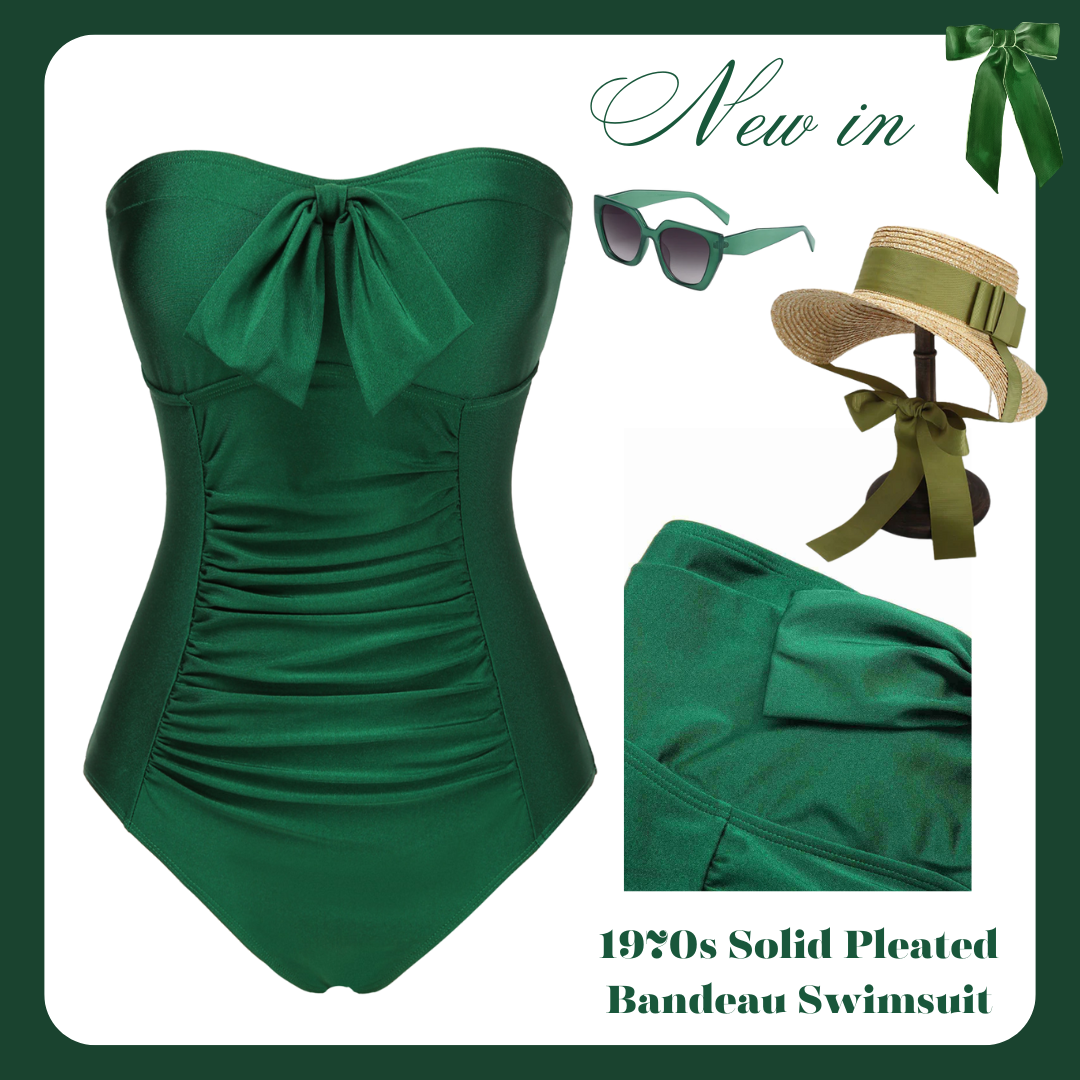 [Pre-Sale] Dark Green 1970s Solid Pleated Bandeau Swimsuit - Dark Green / S / 2