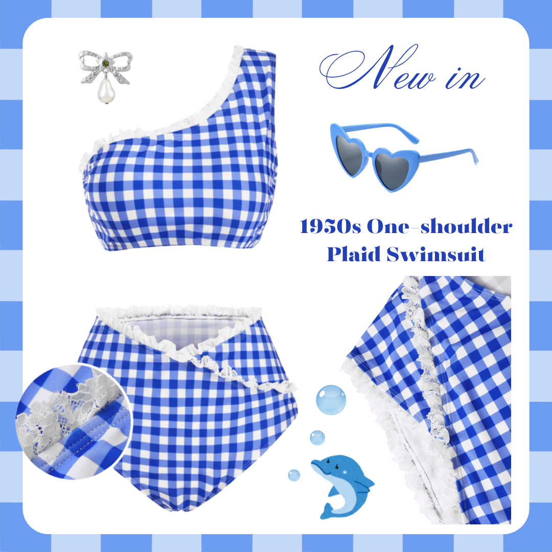 [Pre-Sale] Blue 1950s One-shoulder Plaid Swimsuit - Blue / S / 2