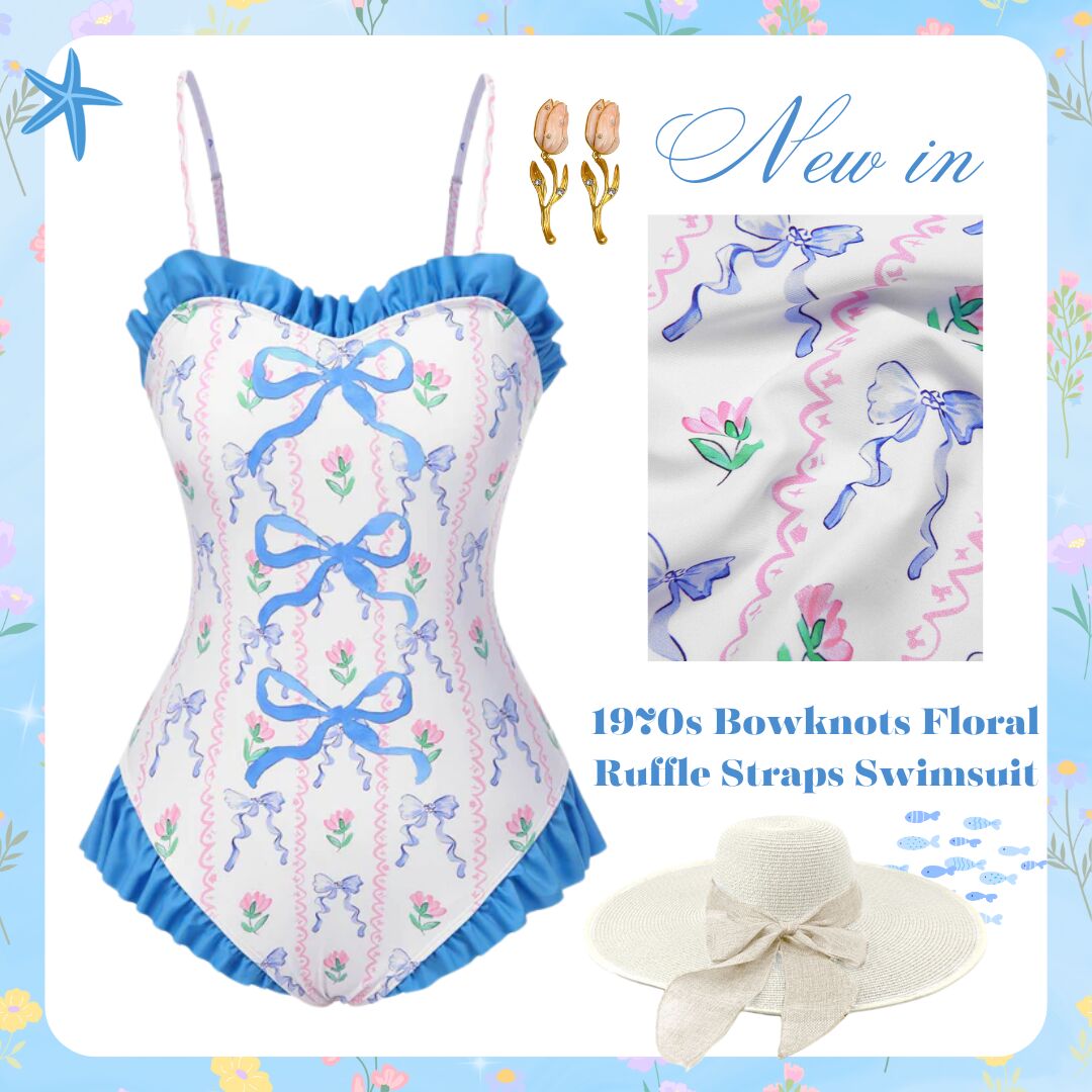[Pre-Sale] Blue 1970s Bowknots Floral Ruffle Straps Swimsuit - Sky Blue / S / 2