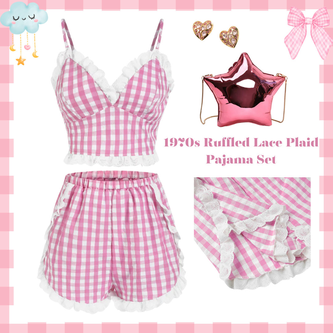 [Pre-Sale] Pink 1970s Ruffled Lace Plaid Pajama Set - Pale Pink / S / 2