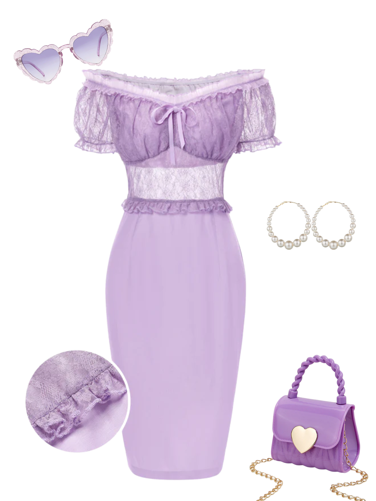 [Pre-Sale] Lavender 1960s Mesh Ruffled Off-Shoulder Dress - Lavender / S / 2