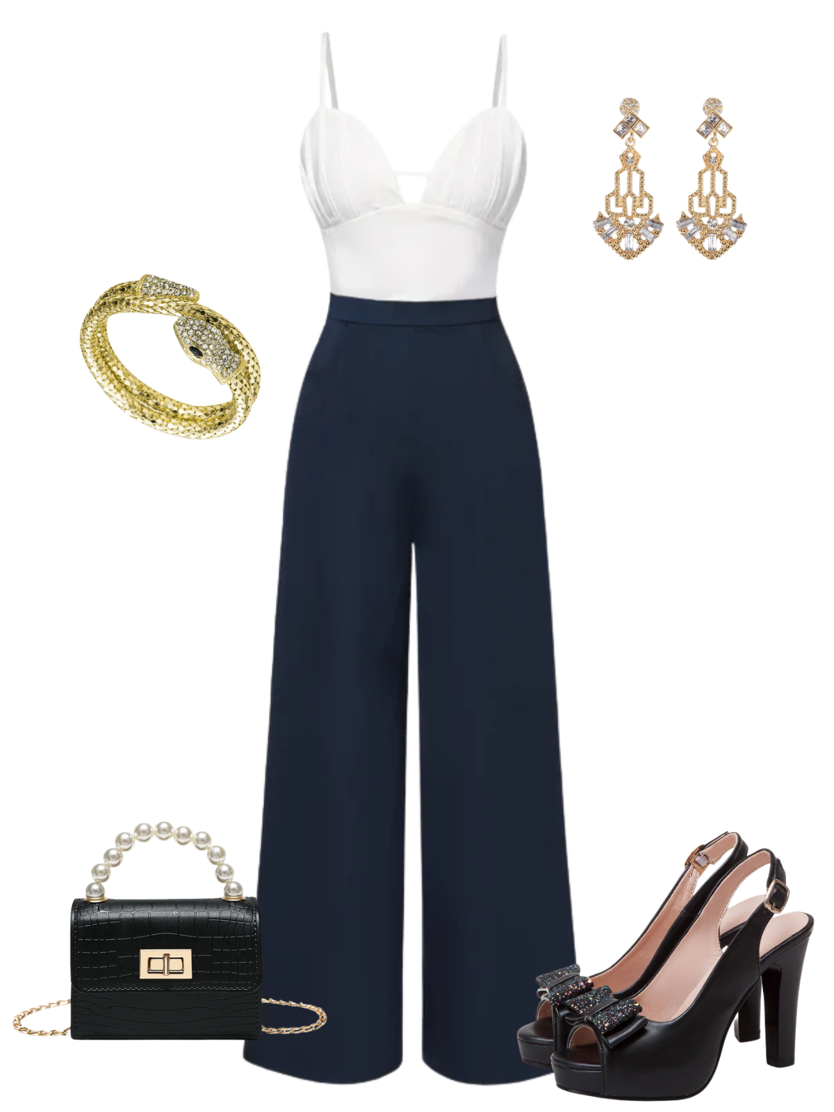 [Pre-Sale] 1970s Spaghetti Strap Color Block Wide-Leg Jumpsuit - White / S / 2