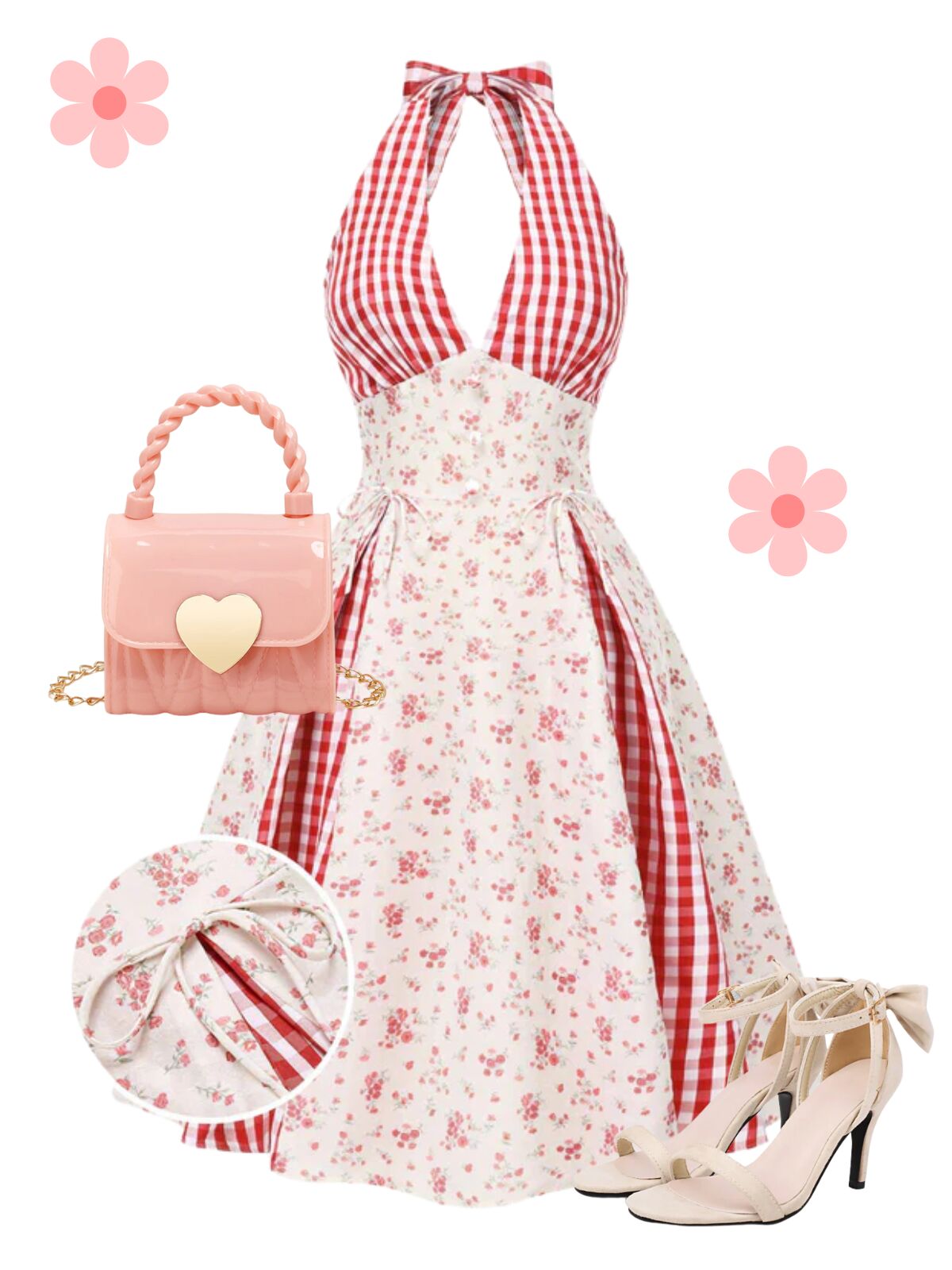 [Pre-Sale] Red 1950s Countryside Floral Plaid Halter Dress - Red / S / 2