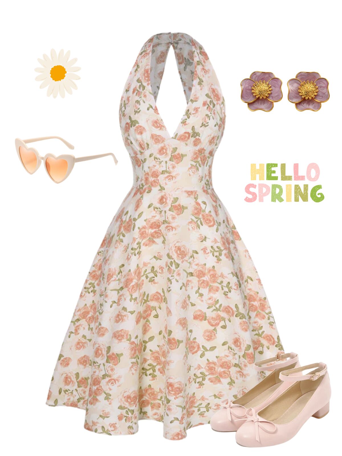 [Pre-Sale] Orange 1950s Floral V-Neck Dress - Orange / S / 2