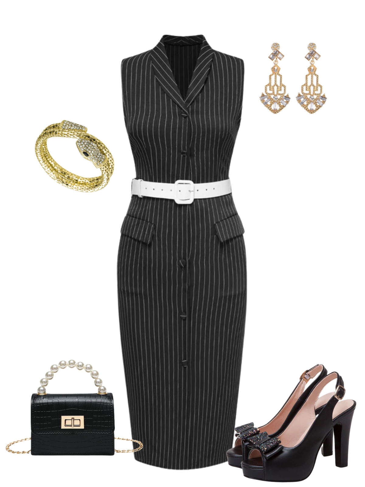 [Pre-Sale] Black 1960s Lapel Pinstripes Pencil Dress - Black / S / 2