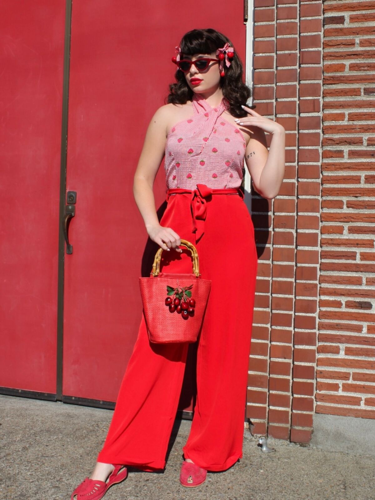 Red 1950s Strawberry Cross Halter Jumpsuit - Red / S / 2