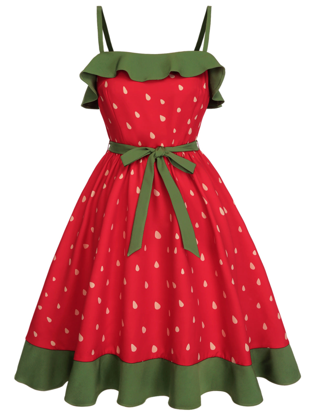 [Plus Size] Red 1950s Strawberry Ruffle Belt Dress - Red / 1X / 16W