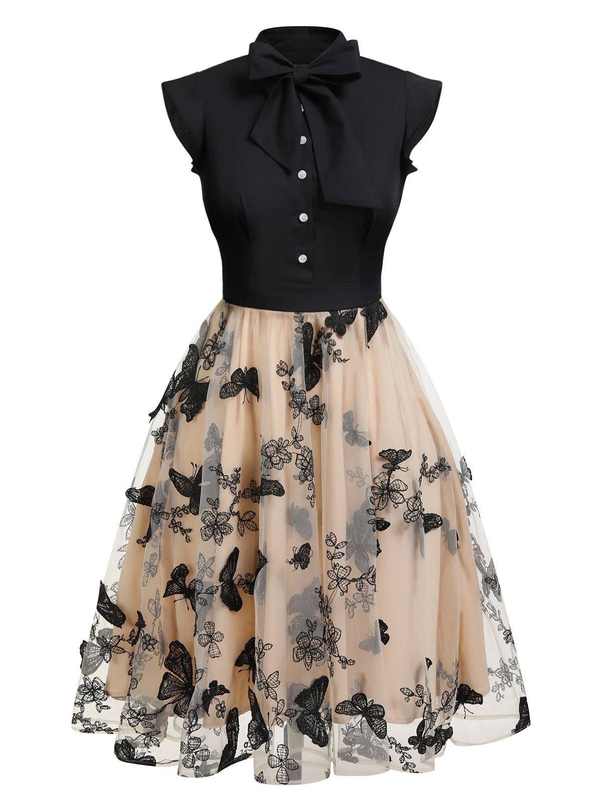 [Plus Size] Black 1950s Butterfly Patchwork Vintage Dress - Black / 1X / 16W