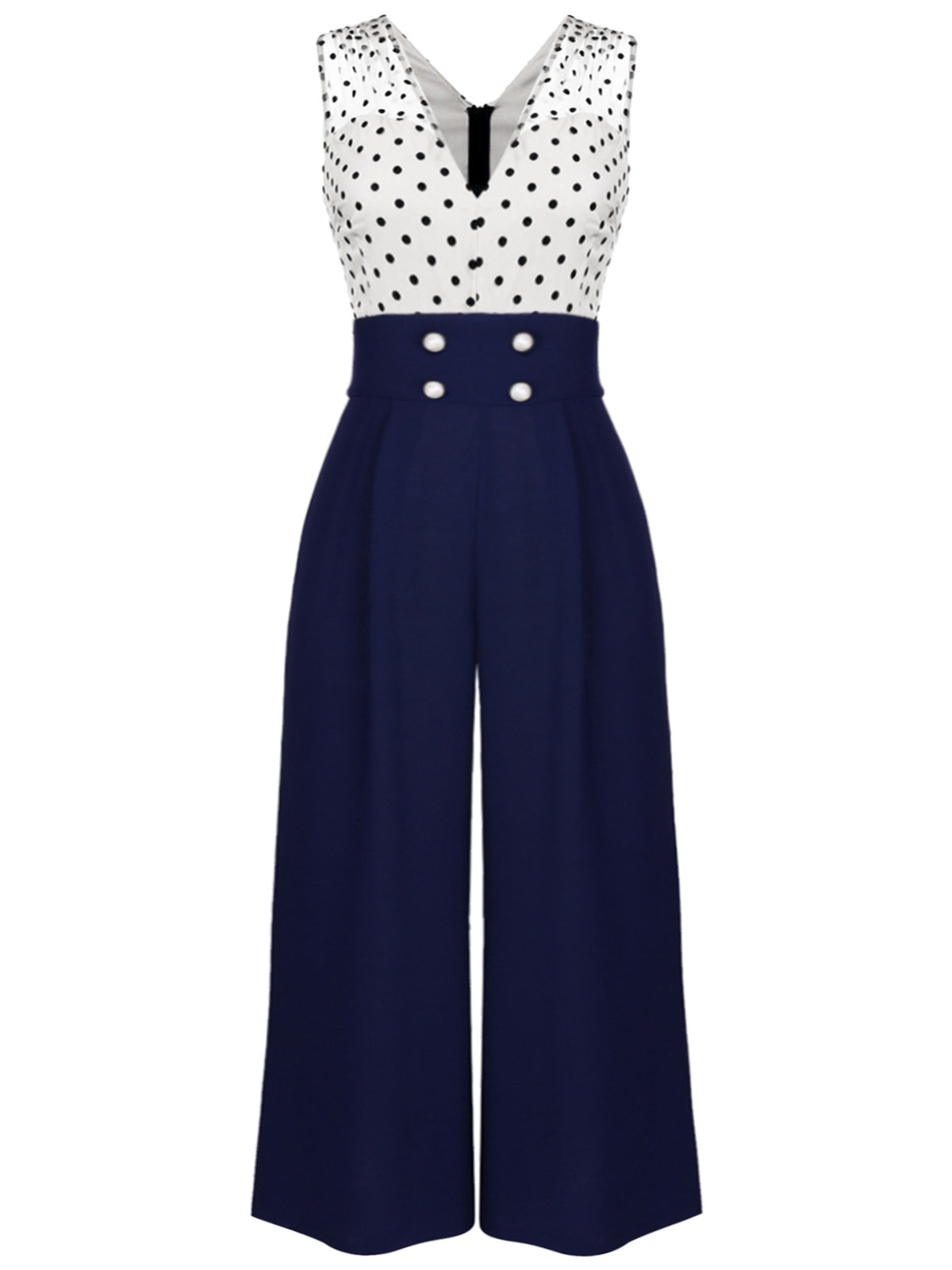 [Plus Size] Dark Blue 1930s Polka Dot Patchwork Jumpsuit - Dark Blue / 1X / 16W