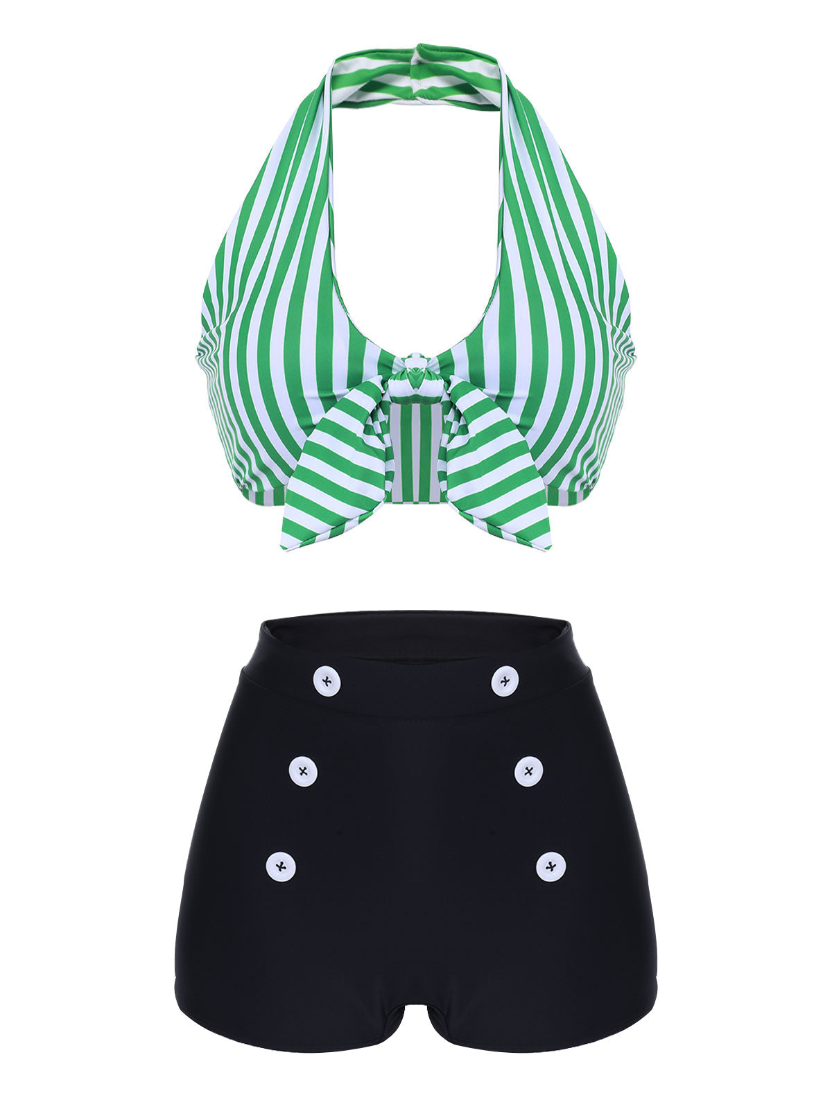 [Plus Size] Green 1950s Retro Halter Stripes Bikini Set - Green / 1X / 16W