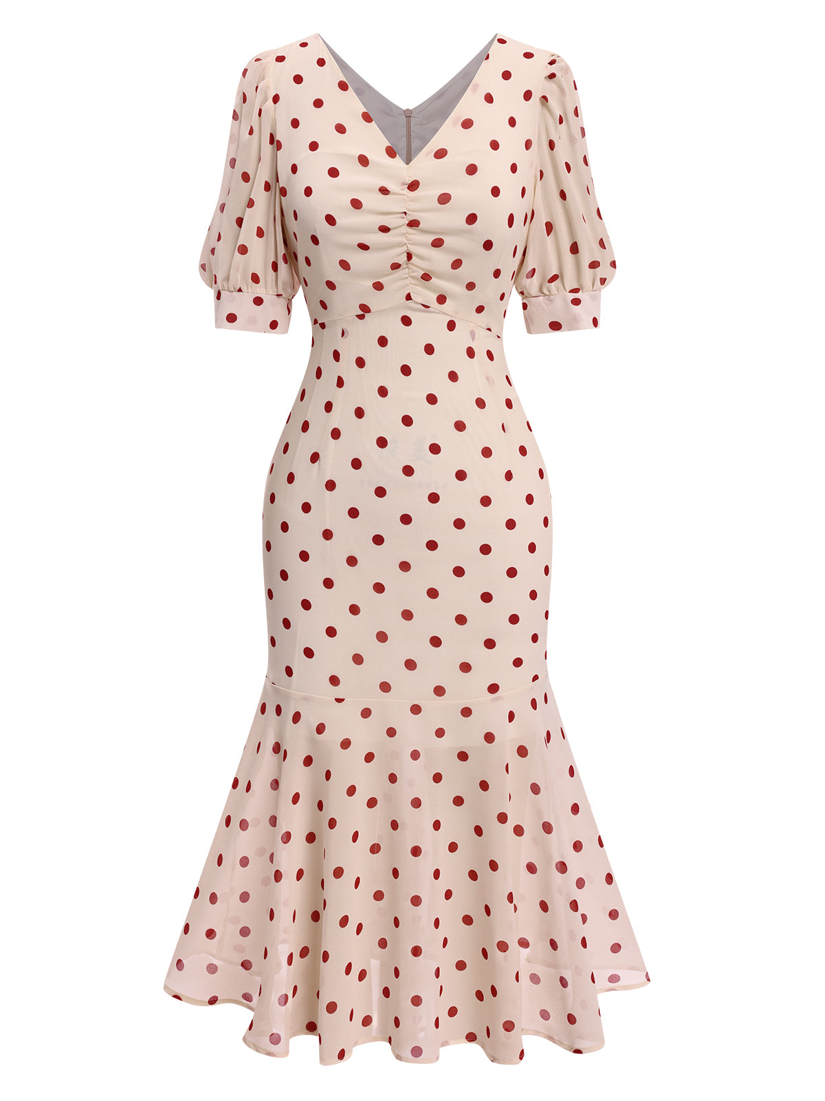 Beige 1930s Polka Dot Mermaid Dress - Beige / S