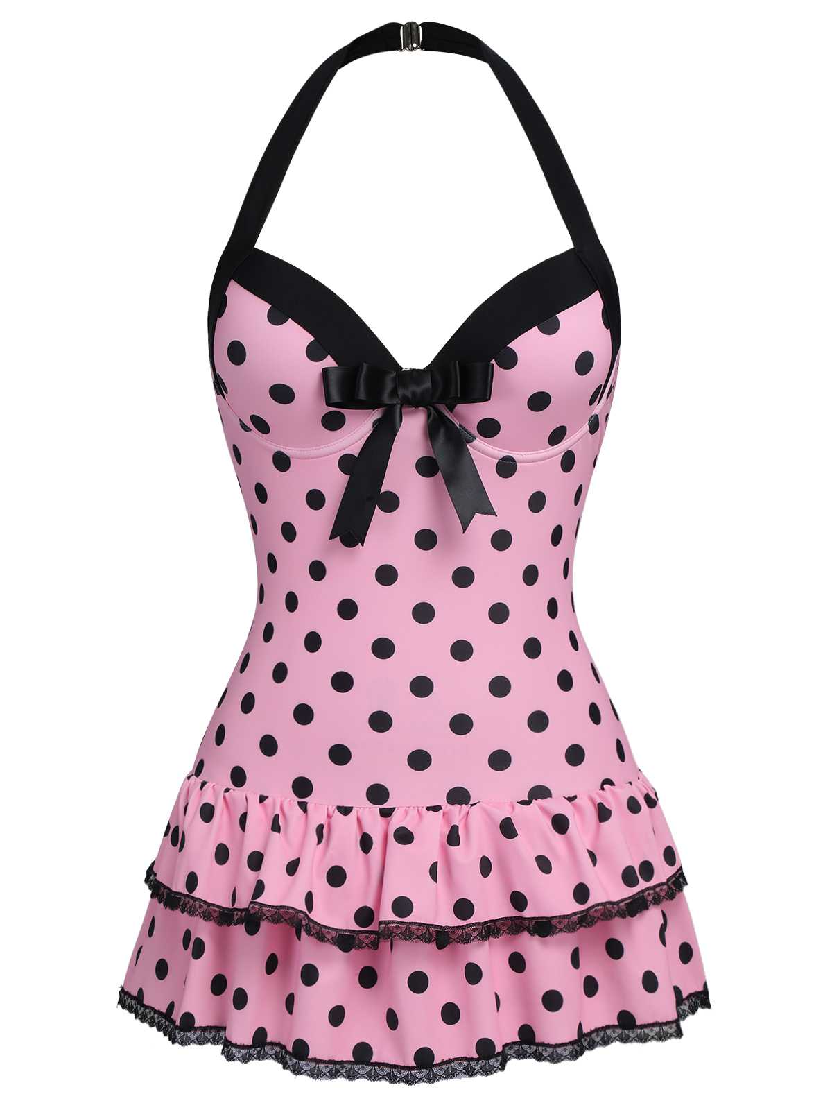 Pink 1940s Halter Polka Dots Bow One-Piece Swimsuit - Pink / S / 2