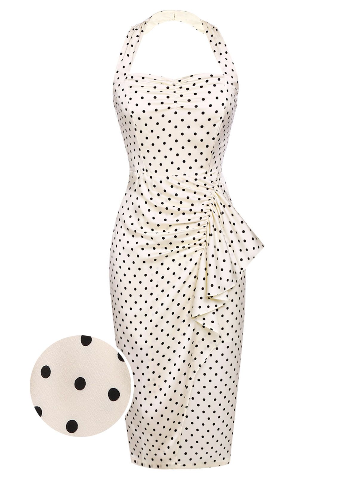 Ivory 1960s Polka Dot Halter Pencil Dress - Ivory / S / 2
