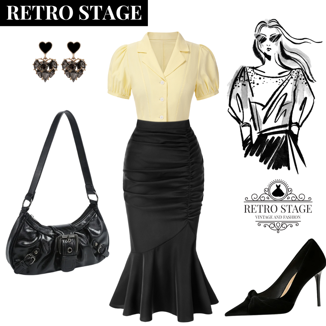 [Pre-Sale] 2PCS 1930s Light Yellow Crop Blouse & Black Fishtail Skirt - Light Yellow & Black / S / 2