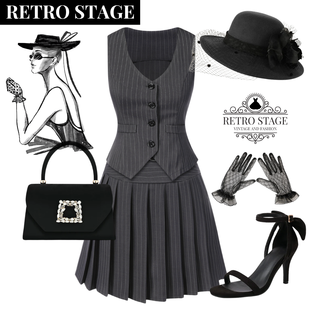 [Pre-Sale] 2PCS Dark Gray 1960s Pinstripes Top & Pleated Skirt - Dark Gray / S / 2