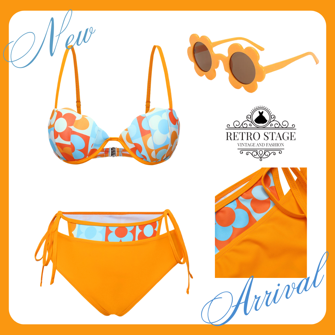 [Pre-Sale] Orange 1960s Cartoon Floral Lace-Up Straps Bikini - Orange / S / 2