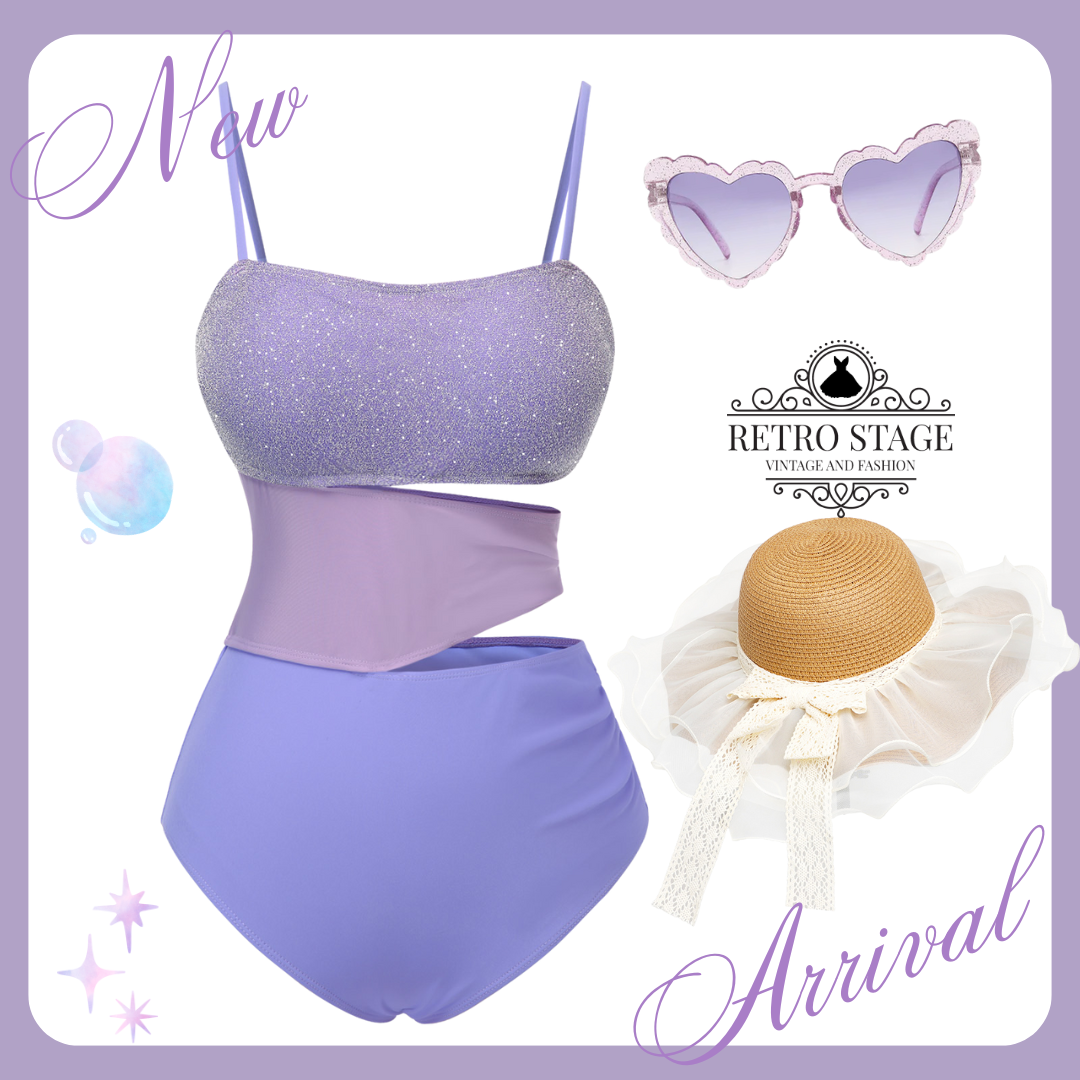 [Pre-Sale] 1950s Strap Cutout Colorblock Glittery Swimsuit - Purple / S / 2