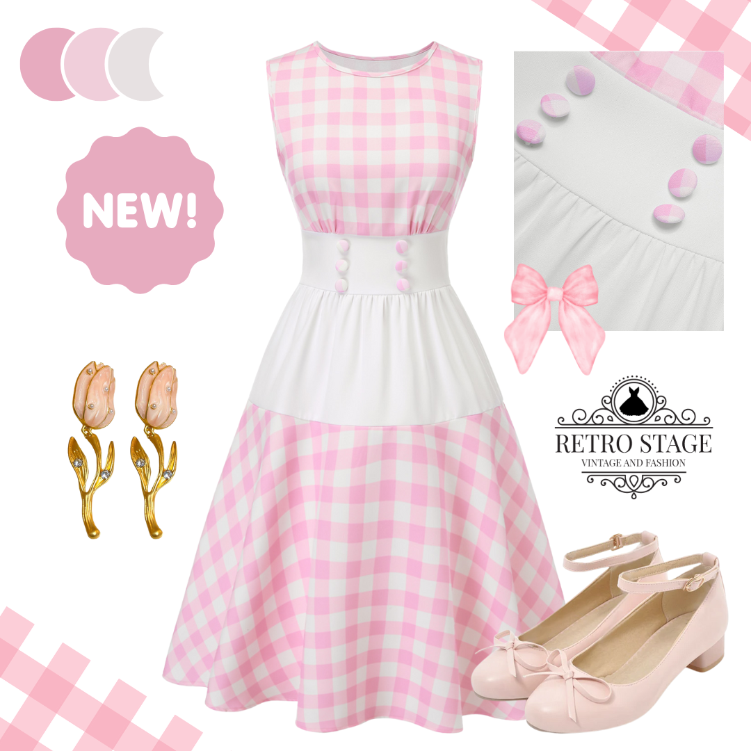 [Pre-Sale] Pink 1950s Plaids Patchwork Button Sleeveless Dress - Pink / S / 2
