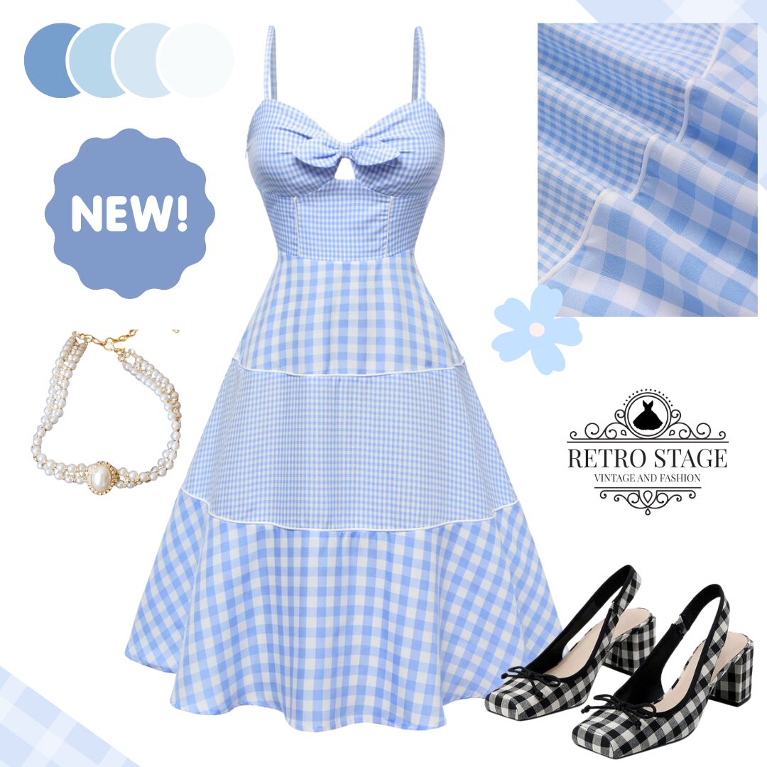 [Pre-Sale] Blue 1950s Gingham Plaid Bow Dress - Blue / S / 2