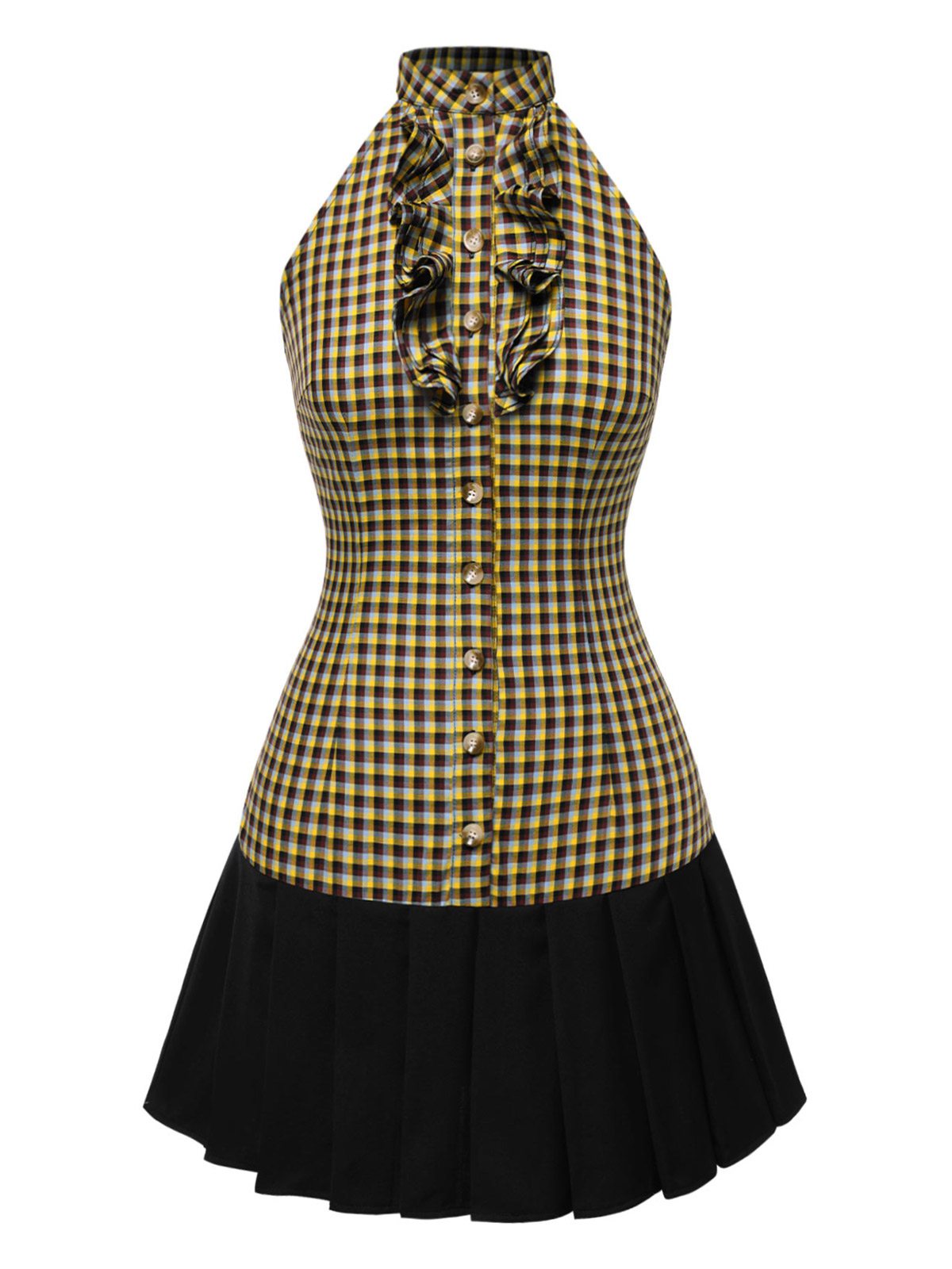 [Pre-Sale] 1960s Jabot Collar Madras Plaid Pleated Dress - Multicolor / S / 2