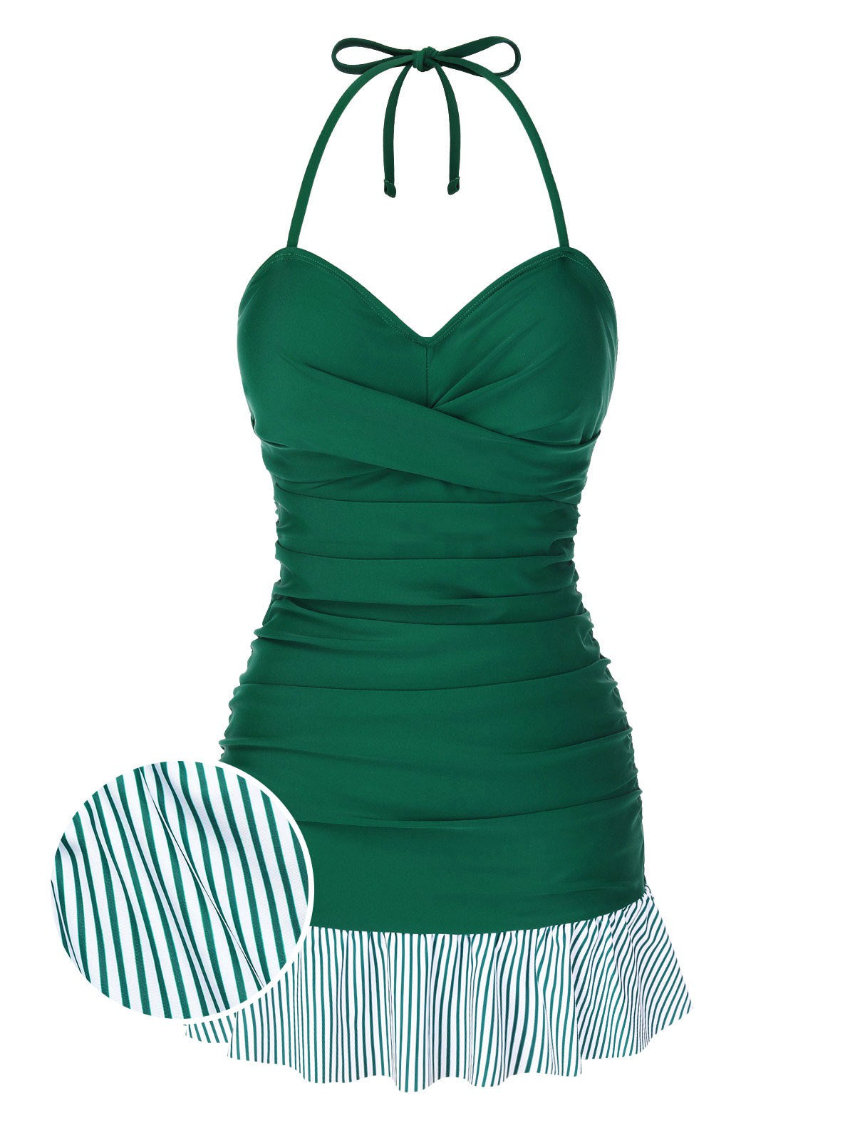 [Pre-Sale] Green 1930s Striped Ruffles Ruched Halter Swimsuit - Green / S / 2