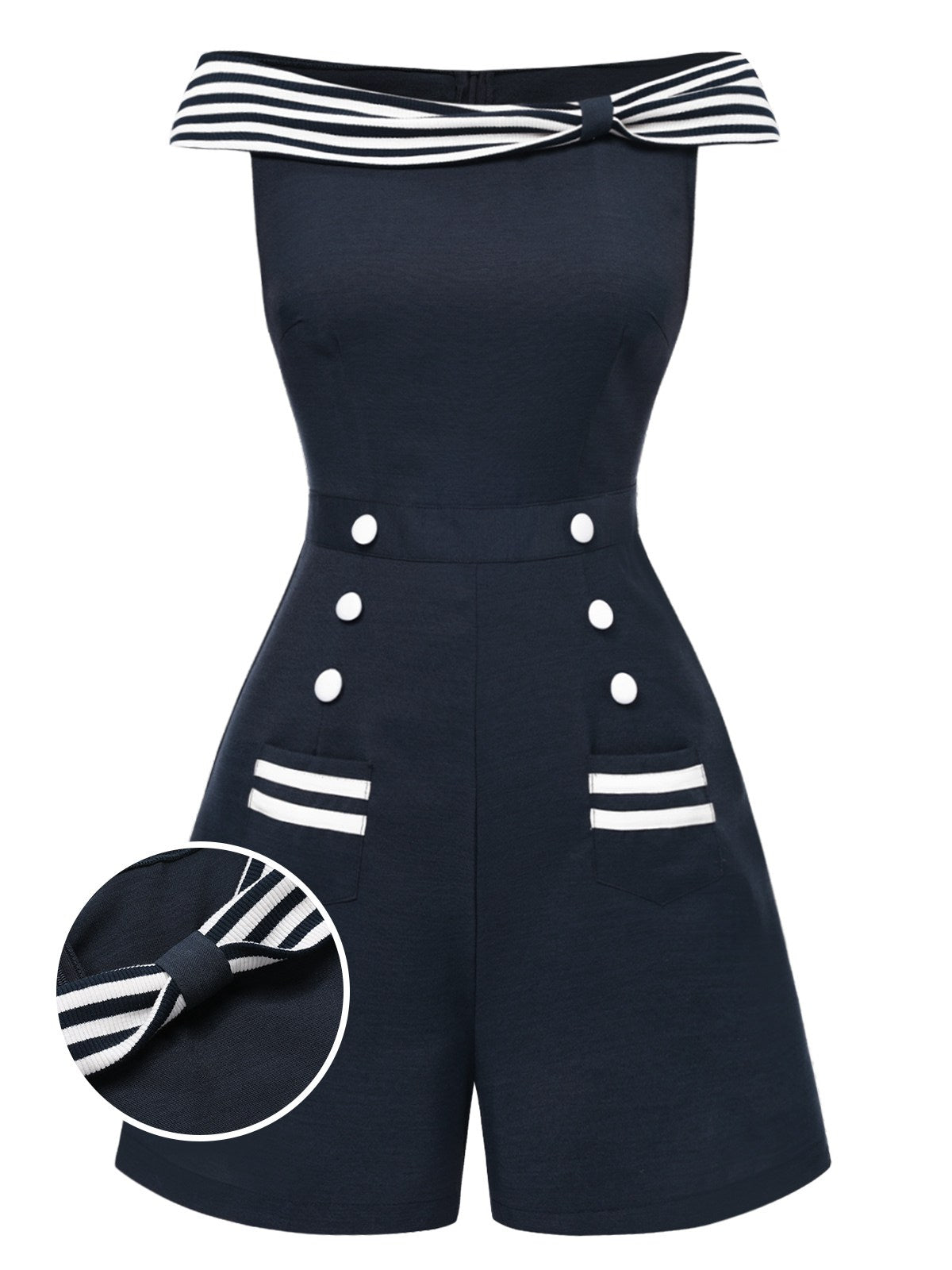 [Pre-Sale] Cobalt Blue 1950s Boat Neck Stripe Patchwork Romper - Cobalt Blue / S / 2