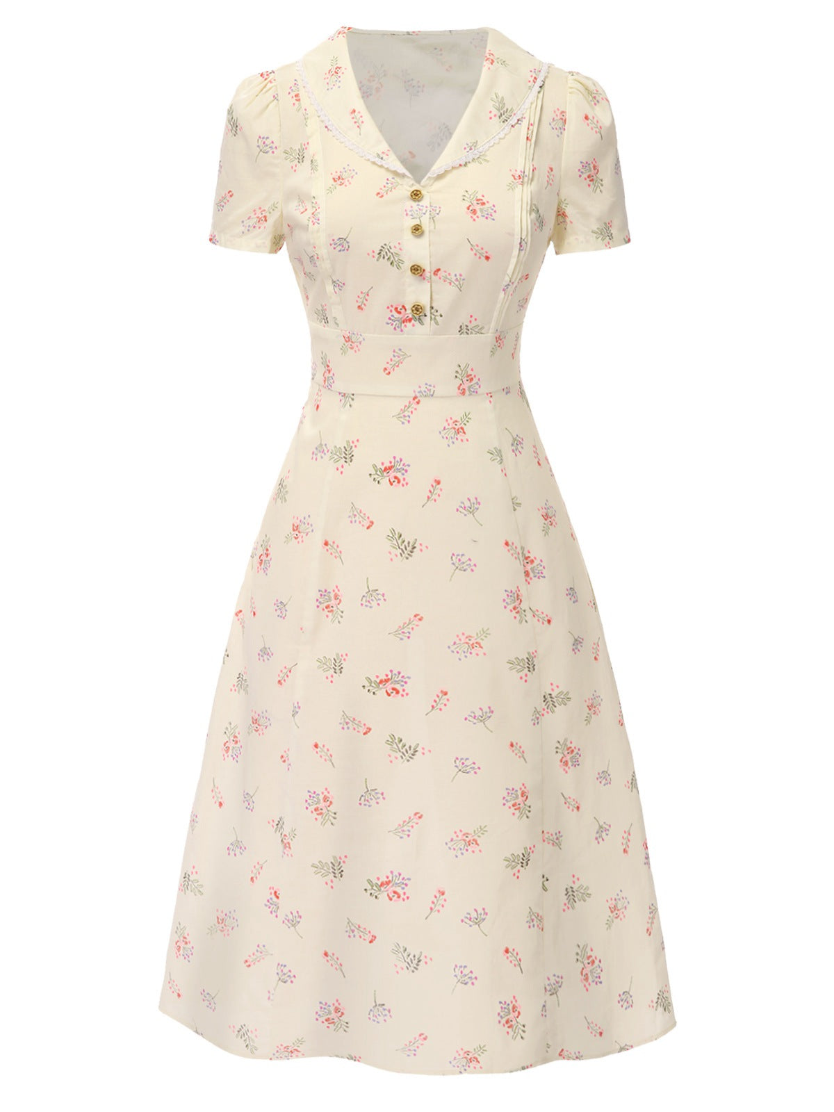 [Pre-Sale] Beige 1940s Puff Sleeves Lapel Floral Dress - Beige / S / 2