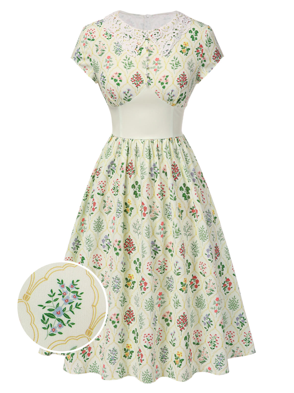 [Pre-Sale] Beige 1940s Floral Lace Collar Cap Sleeve Dress - Beige / S / 2