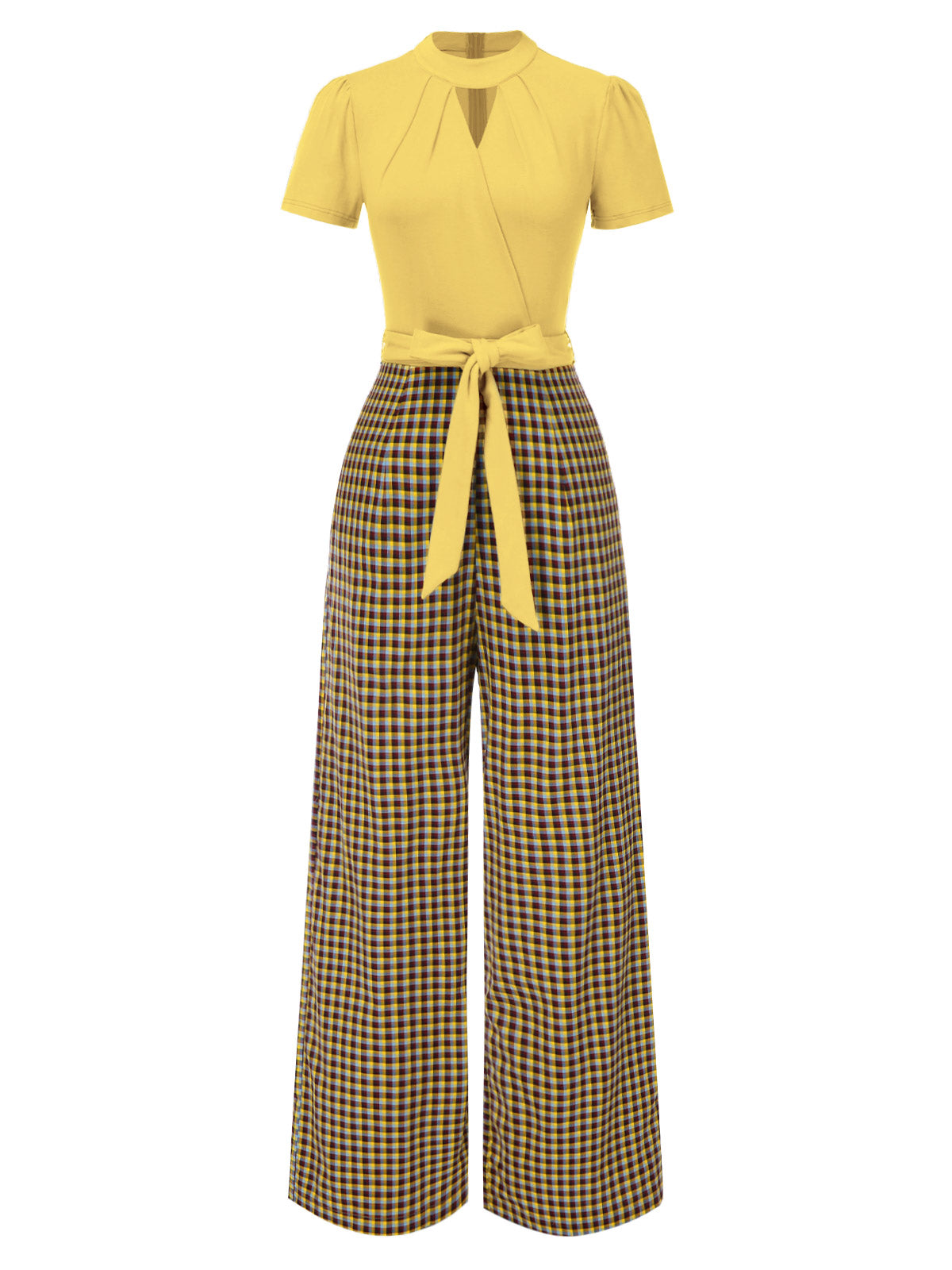 [Pre-Sale] Yellow 1930s Plaid Keyhole Neck Belted Jumpsuit - Yellow / S / 2