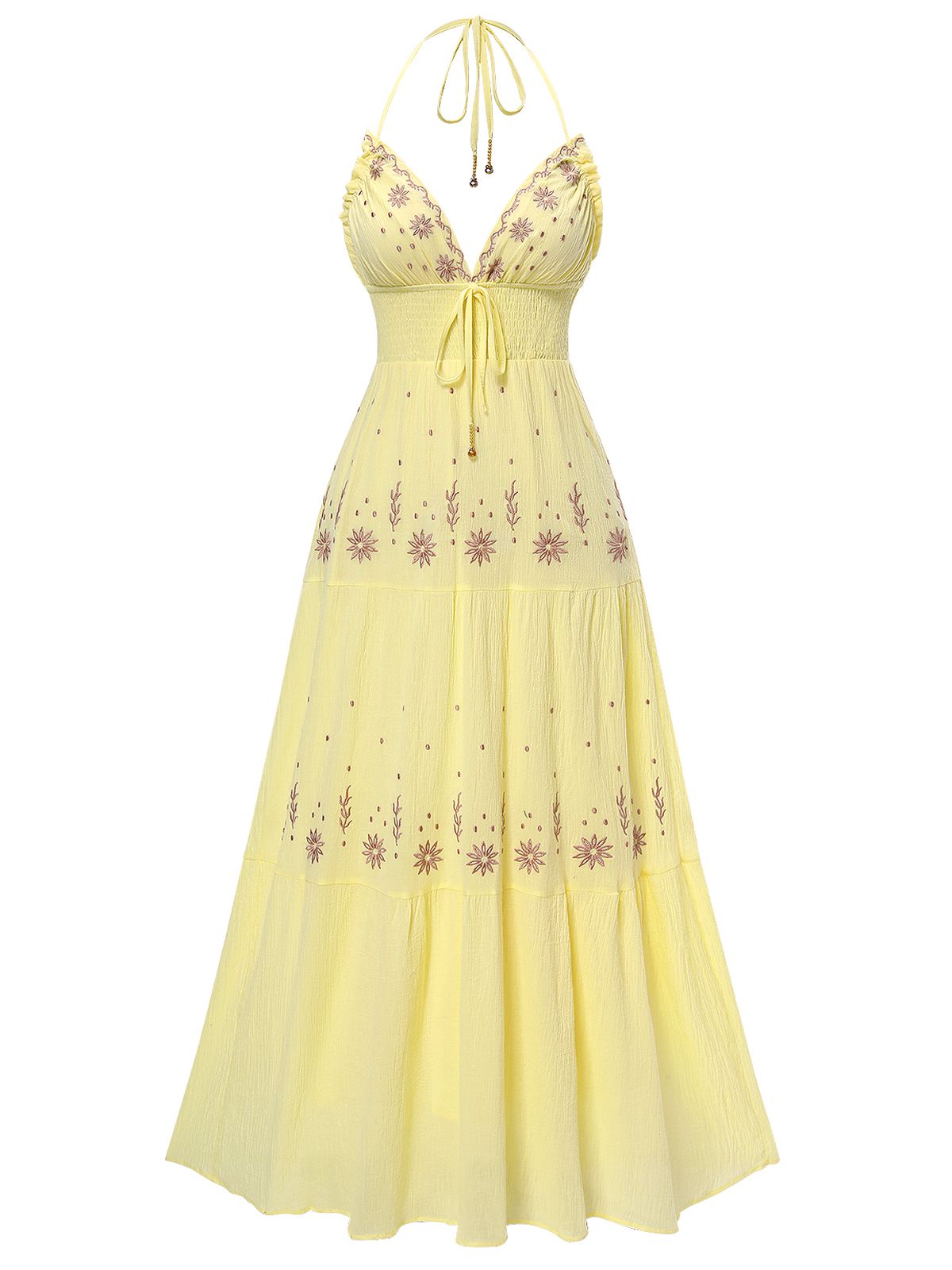 Apricot 1930s V-Neck Embroidered Floral Dress - Apricot / S