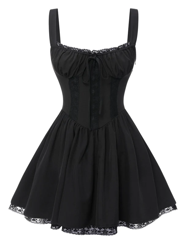Black 1950s Solid Lace Gothic Dress - Black / S